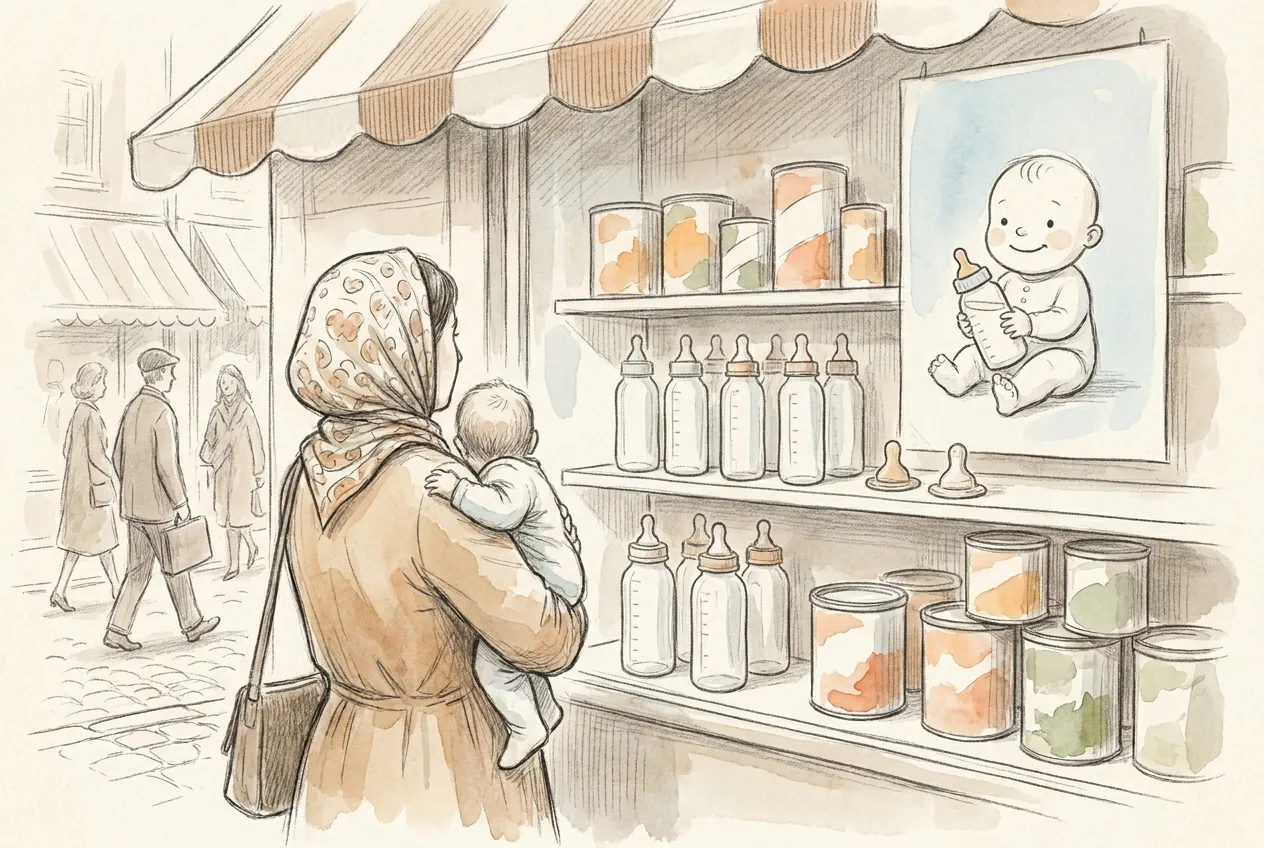 Illustrazione a matita e acquerello: una mamma con il foulard, il bambino in braccio, si ferma davanti a una vetrina piena di biberon, tettarelle e barattoli di latte in polvere senza scritte, sotto un grande manifesto con un neonato sorridente che stringe un biberon.