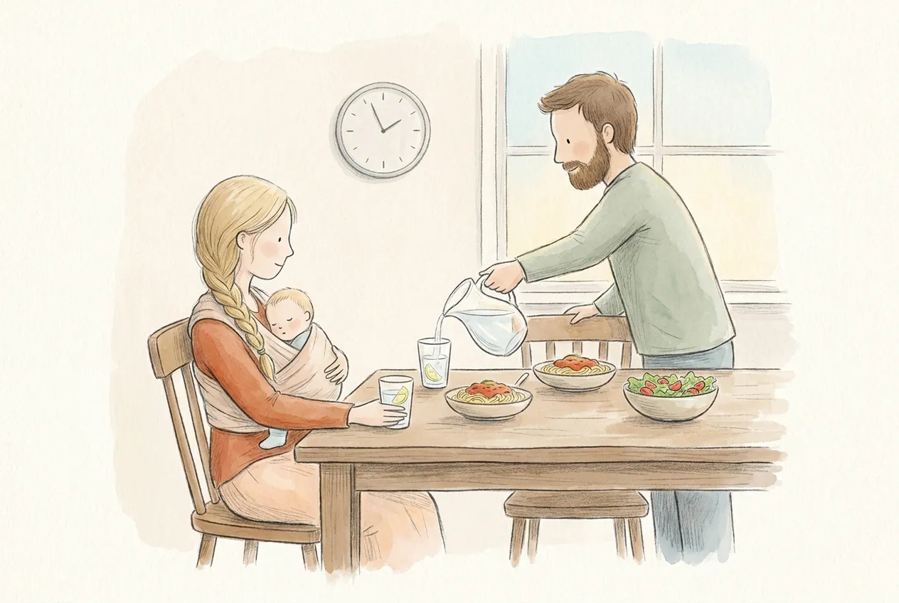Illustrazione a matita e acquerello: a tavola, una mamma con la treccia bionda tiene il neonato addormentato nella fascia e beve un bicchiere d'acqua al limone, mentre il compagno le versa altra acqua dalla caraffa; sul tavolo piatti di pasta e insalata, nessuna bottiglia di vino.