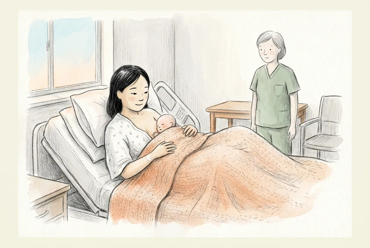 Illustrazione a matita e acquerello: subito dopo il parto, una mamma dai capelli neri, semisdraiata nel letto con il camice aperto, tiene il neonato pelle a pelle sul petto sotto una coperta color pesca, mentre un'ostetrica in divisa verde la osserva in silenzio dal fondo della stanza.