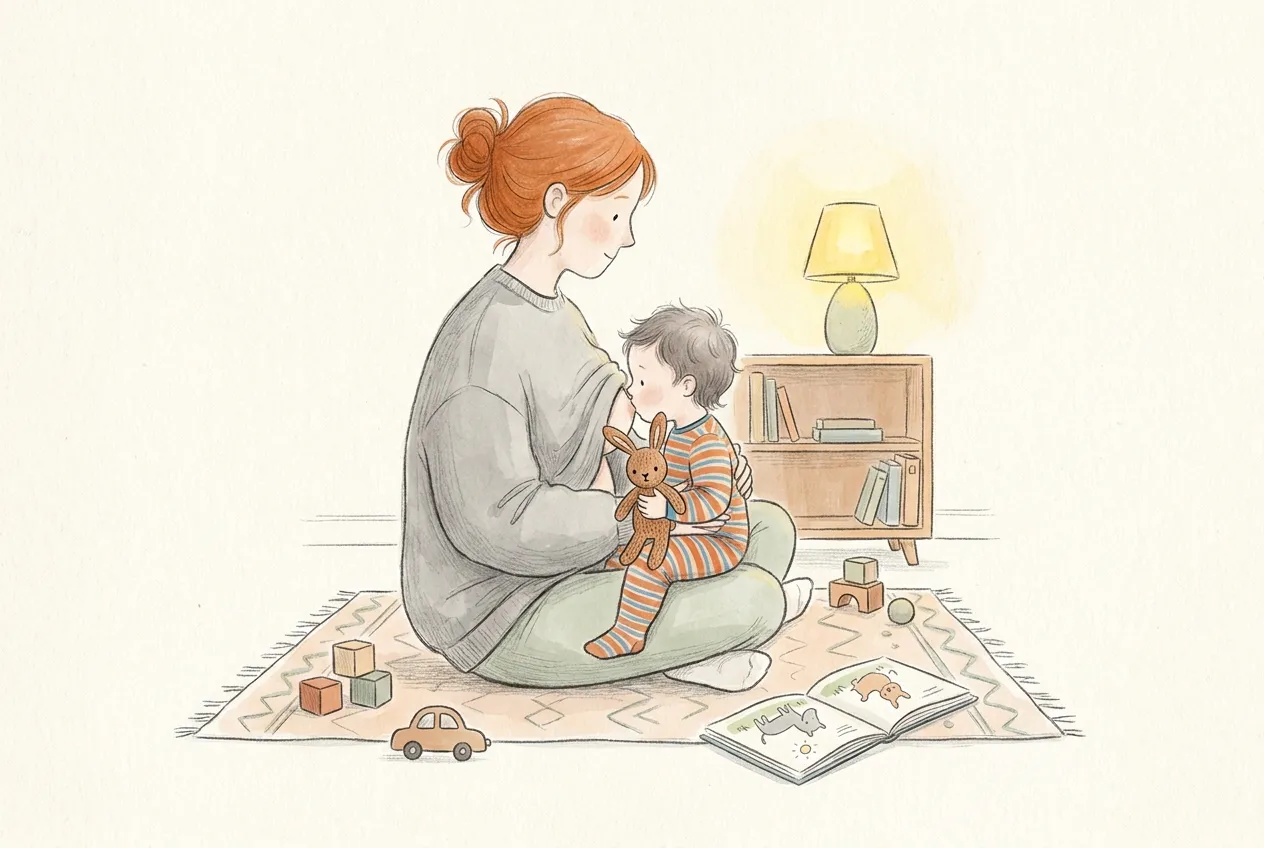 Illustrazione a matita e acquerello: seduta sul tappeto del soggiorno, una mamma con i capelli rossi raccolti allatta il figlio di circa due anni, in pigiama a righe e con un coniglietto di pezza in mano, accanto a cubi di legno, una macchinina e un libro illustrato.