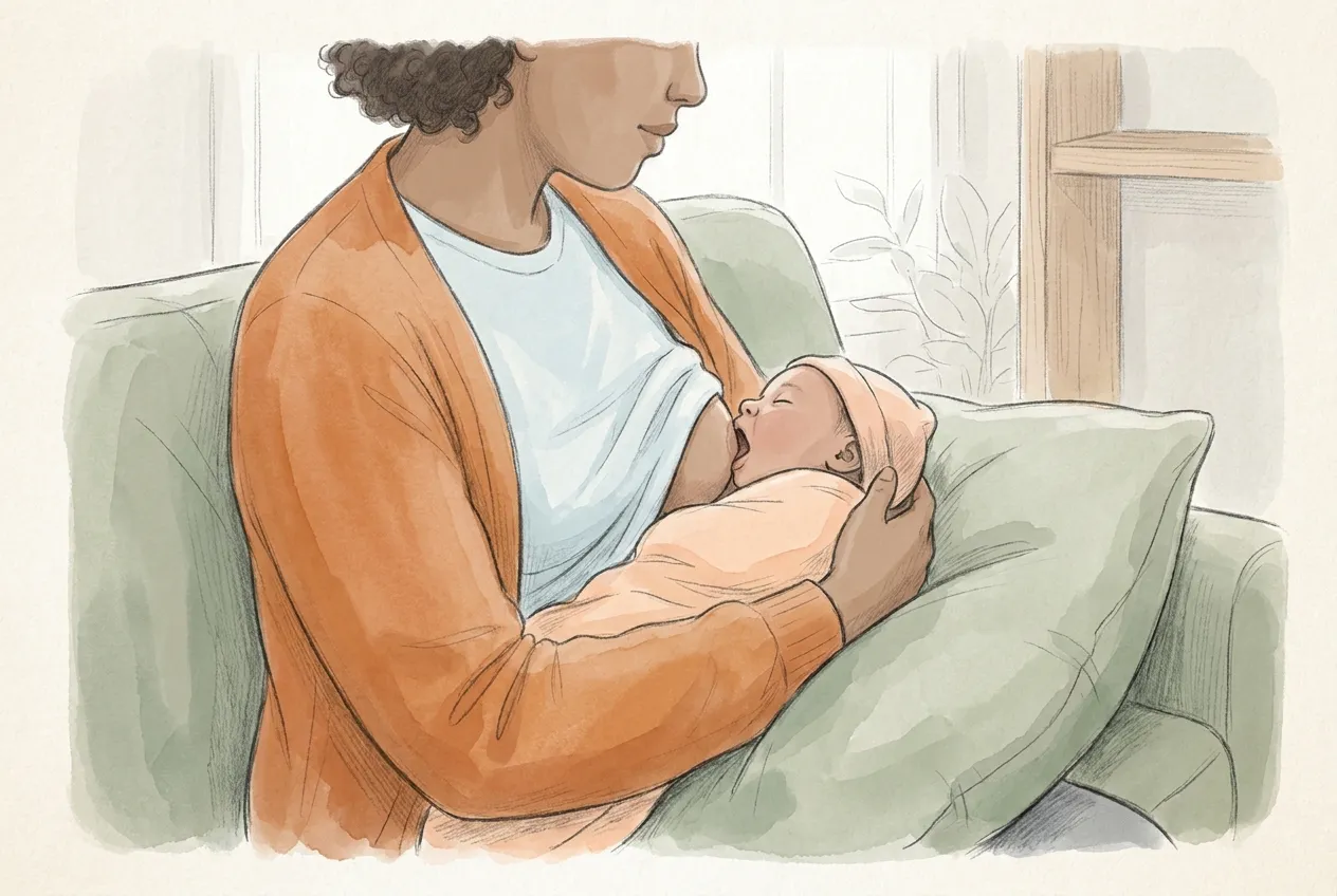 Illustrazione a matita e acquerello: di profilo, una mamma in cardigan arancione allatta il neonato seduta sul divano e gli sostiene la nuca con la mano; il bambino, avvolto in una copertina color pesca e appoggiato su un cuscino, è vicino al suo corpo con la bocca ben aperta al seno.
