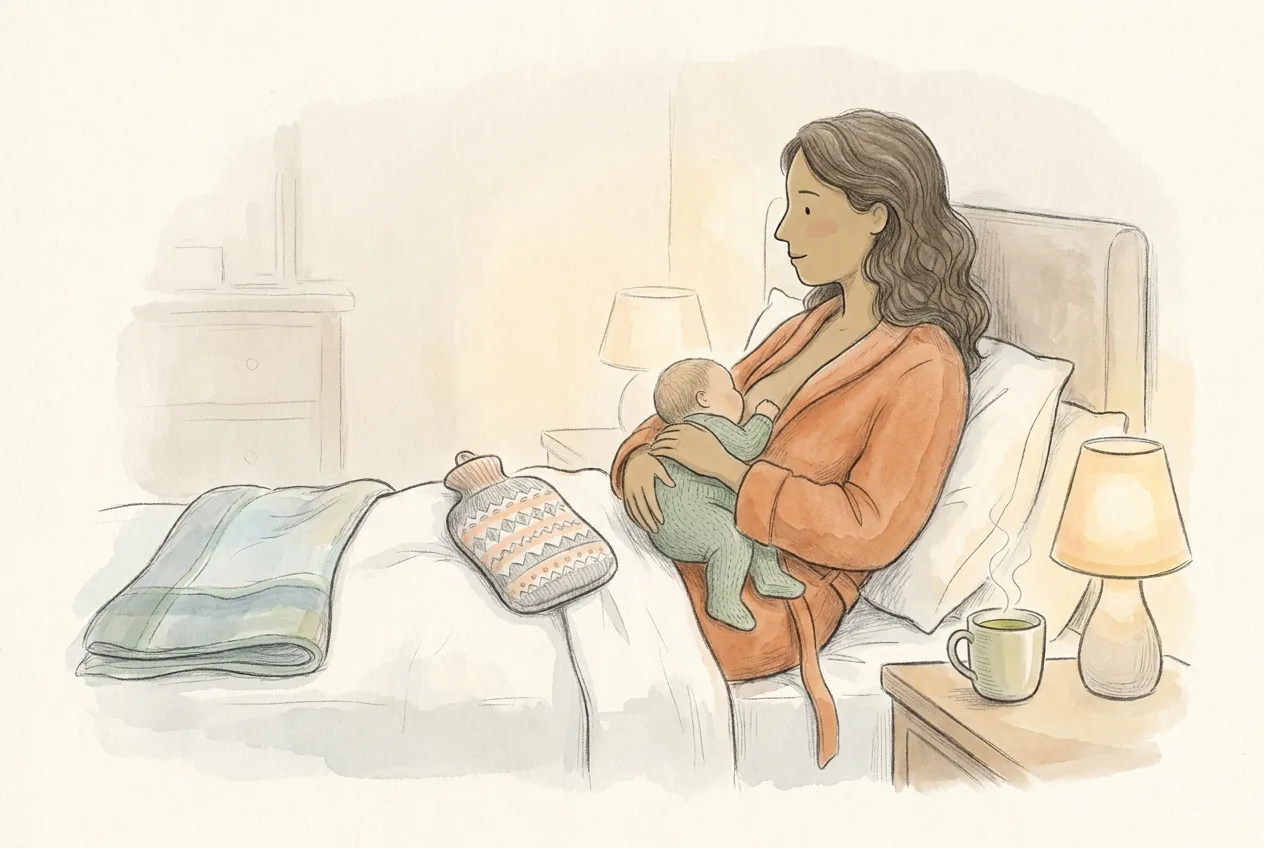 Illustrazione a matita e acquerello: di sera, una mamma in vestaglia arancione allatta il bambino seduta nel letto, con una borsa dell'acqua calda a maglia appoggiata sulla coperta e una tazza di tisana fumante sul comodino accanto alla lampada.