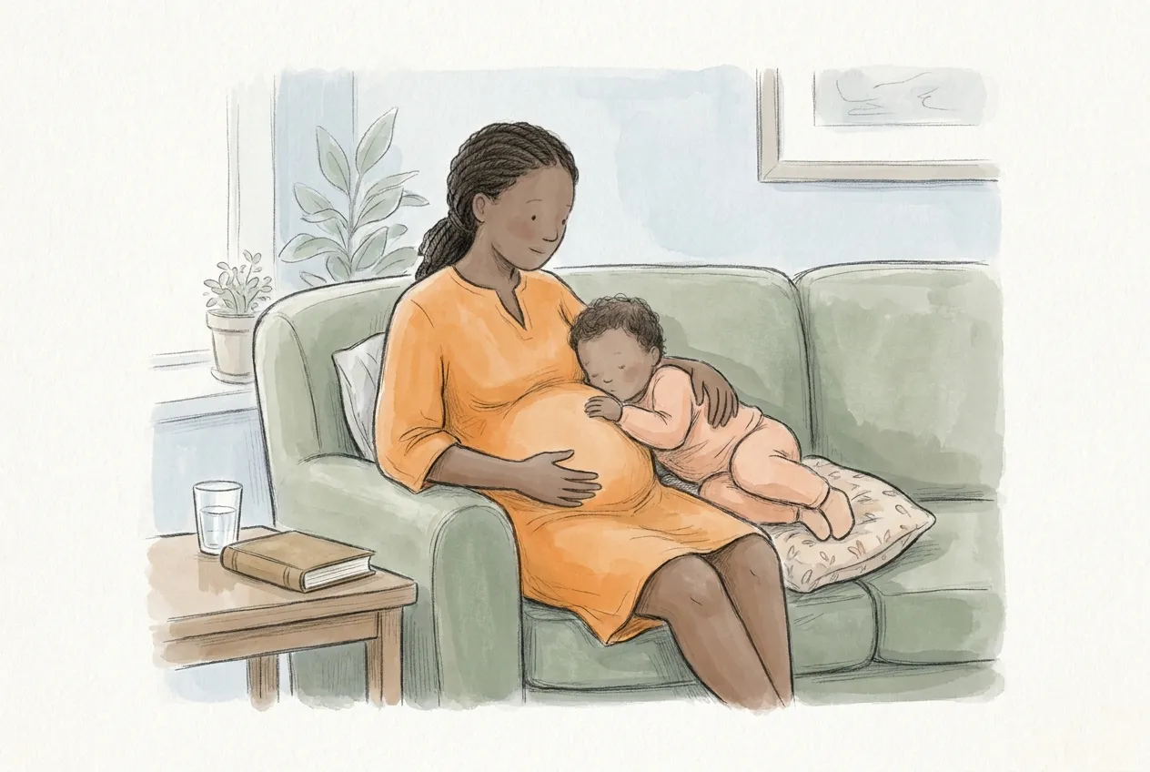 Illustrazione a matita e acquerello: sul divano verde, una mamma incinta con le treccine e un abito arancione tiene una mano sul pancione, mentre il figlio piccolo in tutina rosa si accoccola su un cuscino appoggiando la testa contro di lei.