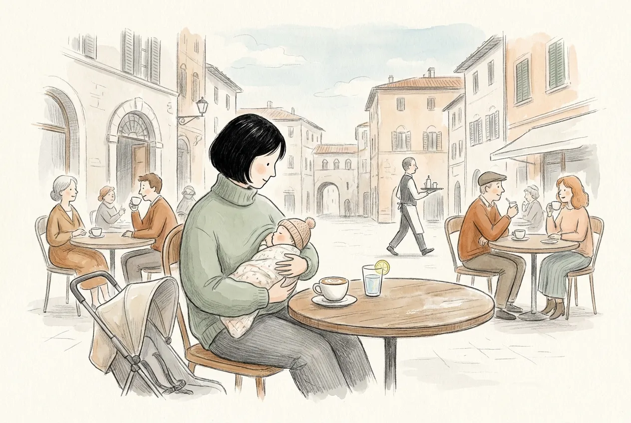 Illustrazione a matita e acquerello: al tavolino di un bar in una piazza italiana, una mamma con il caschetto nero e un maglione verde a collo alto allatta il neonato con il berretto di lana, accanto a un cappuccino e a un passeggino, mentre gli altri clienti chiacchierano e un cameriere passa con il vassoio.