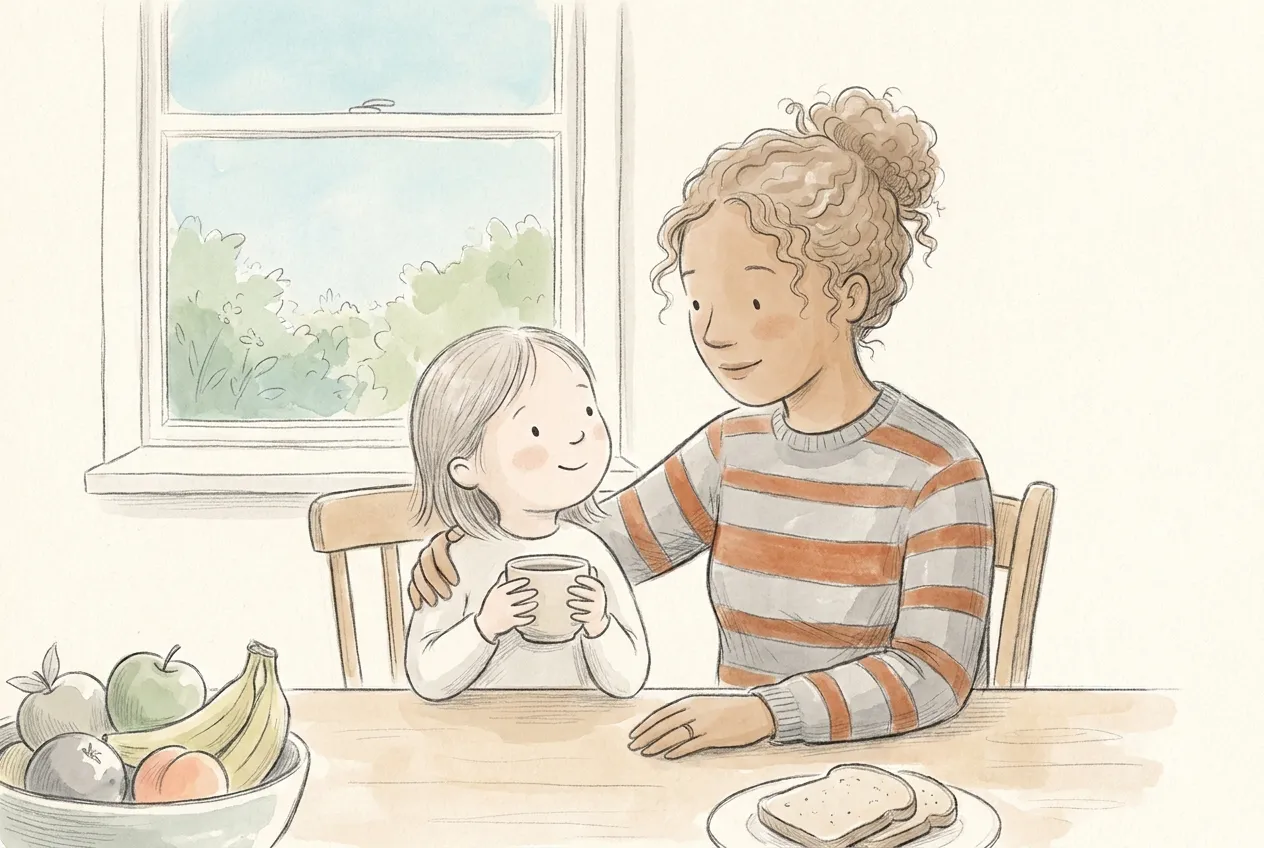 Illustrazione a matita e acquerello: al tavolo della colazione, una bambina di circa tre anni beve da una tazza tenendola con due mani e sorride alla mamma, che la abbraccia con il maglione a righe; sul tavolo un cesto di frutta e due fette di pane.