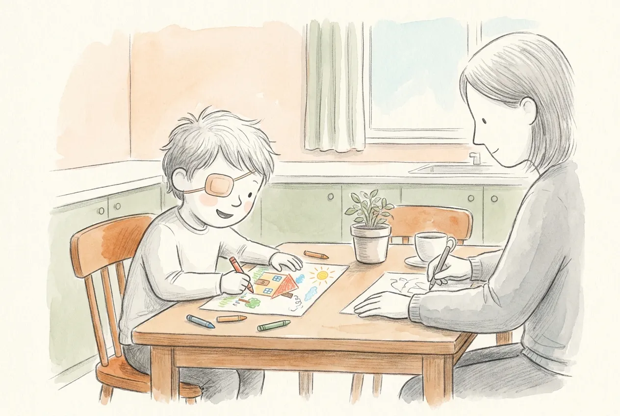Illustrazione a matita e acquerello: un bambino con un cerotto oculare su un occhio disegna sorridente una casa con il sole sul tavolo di cucina, mentre la mamma accanto a lui disegna anche lei.