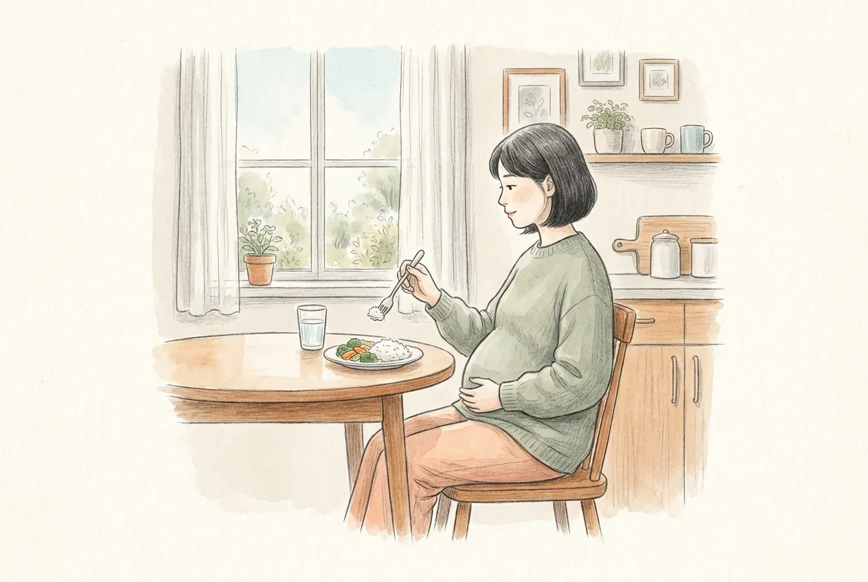 Illustrazione a matita e acquerello: una donna incinta seduta dritta al tavolo della cucina mangia un piccolo piatto di riso e verdure, con un bicchiere d'acqua davanti e una mano appoggiata sulla pancia.