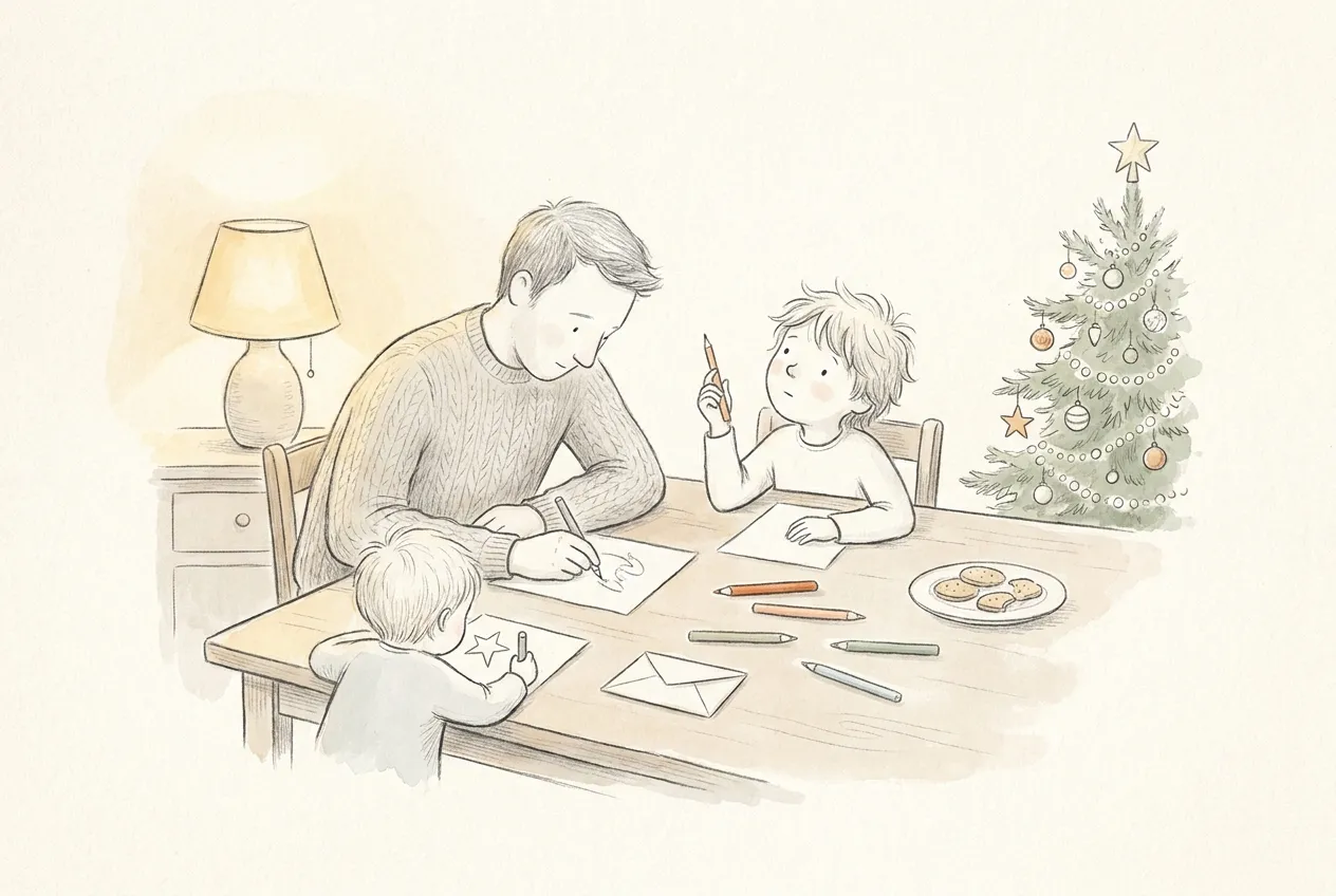 Illustrazione a matita e acquerello: un papà e due bambini al tavolo disegnano su fogli bianchi la lettera per Babbo Natale, con matite colorate, una busta e un piatto di biscotti; accanto, un piccolo albero di Natale addobbato.