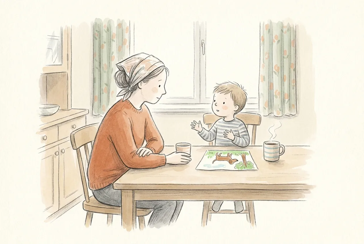 Illustrazione a matita e acquerello: al tavolo di cucina una mamma con il foulard ascolta tranquilla il figlio che le racconta qualcosa gesticolando, davanti al suo disegno di un cane sotto un albero.
