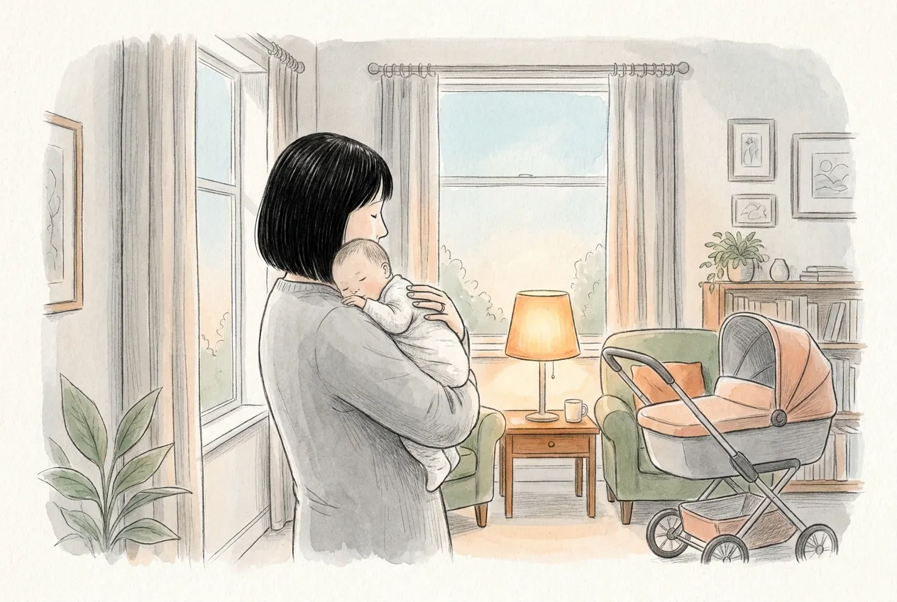Illustrazione a matita e acquerello: in un soggiorno al tramonto, una mamma dai capelli neri a caschetto stringe al petto il neonato, la testa appoggiata sulla sua spalla e una mano sulla schiena, accanto alla finestra; vicino, una lampada accesa e la carrozzina.