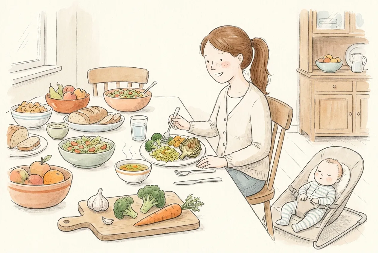 Illustrazione a matita e acquerello: una mamma con la coda castana pranza a una tavola ricca, con un piatto di broccoli, cavolo e carciofo, una tazza di brodo fumante, pane, frutta e un tagliere con aglio, broccoli e carota, mentre il neonato dorme nella sdraietta accanto alla sedia.