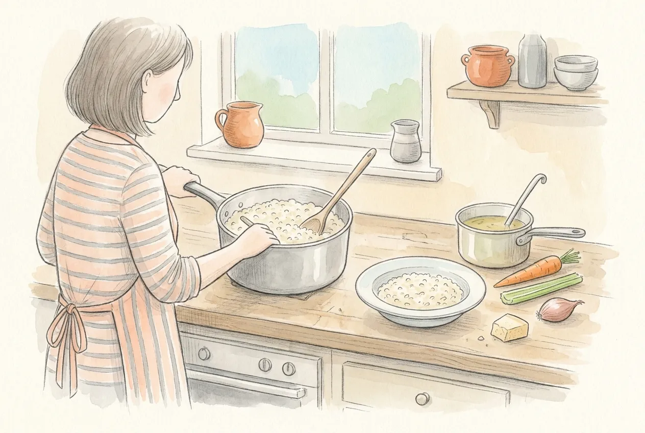 Illustrazione a matita e acquerello: una mamma vista di spalle mescola con un cucchiaio di legno un risotto bianco in casseruola; sul piano di lavoro un piatto fondo già servito, il pentolino del brodo con il mestolo, una carota, un gambo di sedano, uno scalogno e un pezzetto di parmigiano.
