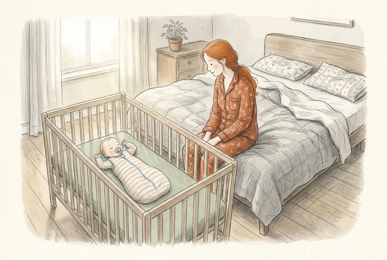 Illustrazione a matita e acquerello: un neonato dorme a pancia in su con il ciuccio, in un sacco nanna a righe, da solo nel suo lettino con le sbarre e senza cuscini né giochi, accostato al letto dei genitori dove la mamma in pigiama siede a guardarlo.