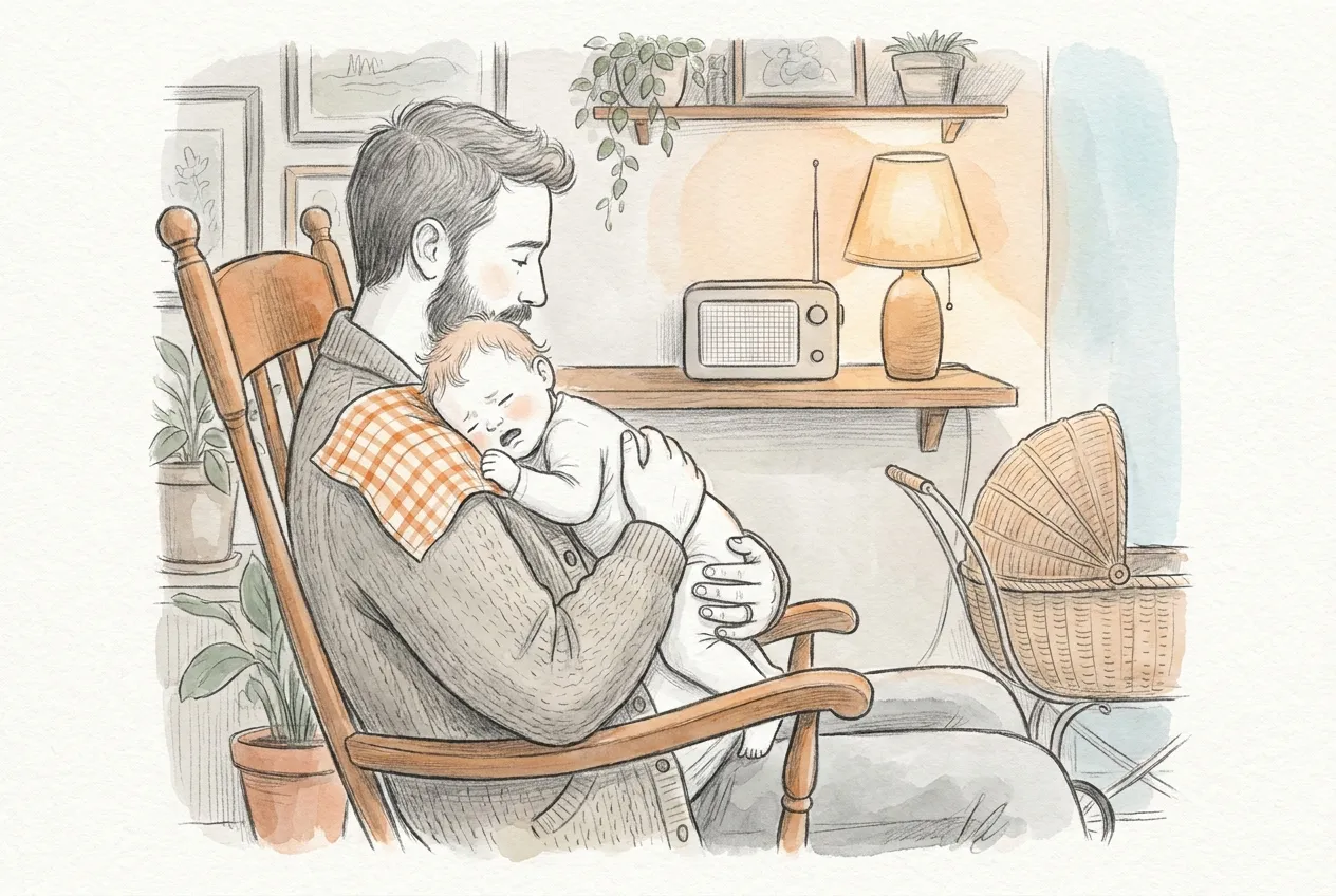Illustrazione a matita e acquerello: di sera un papà con la barba, seduto su una sedia a dondolo, tiene in verticale contro la spalla, su un panno a quadretti, il neonato che piagnucola; sulla mensola una vecchia radio accesa e una lampada, accanto una carrozzina di vimini.