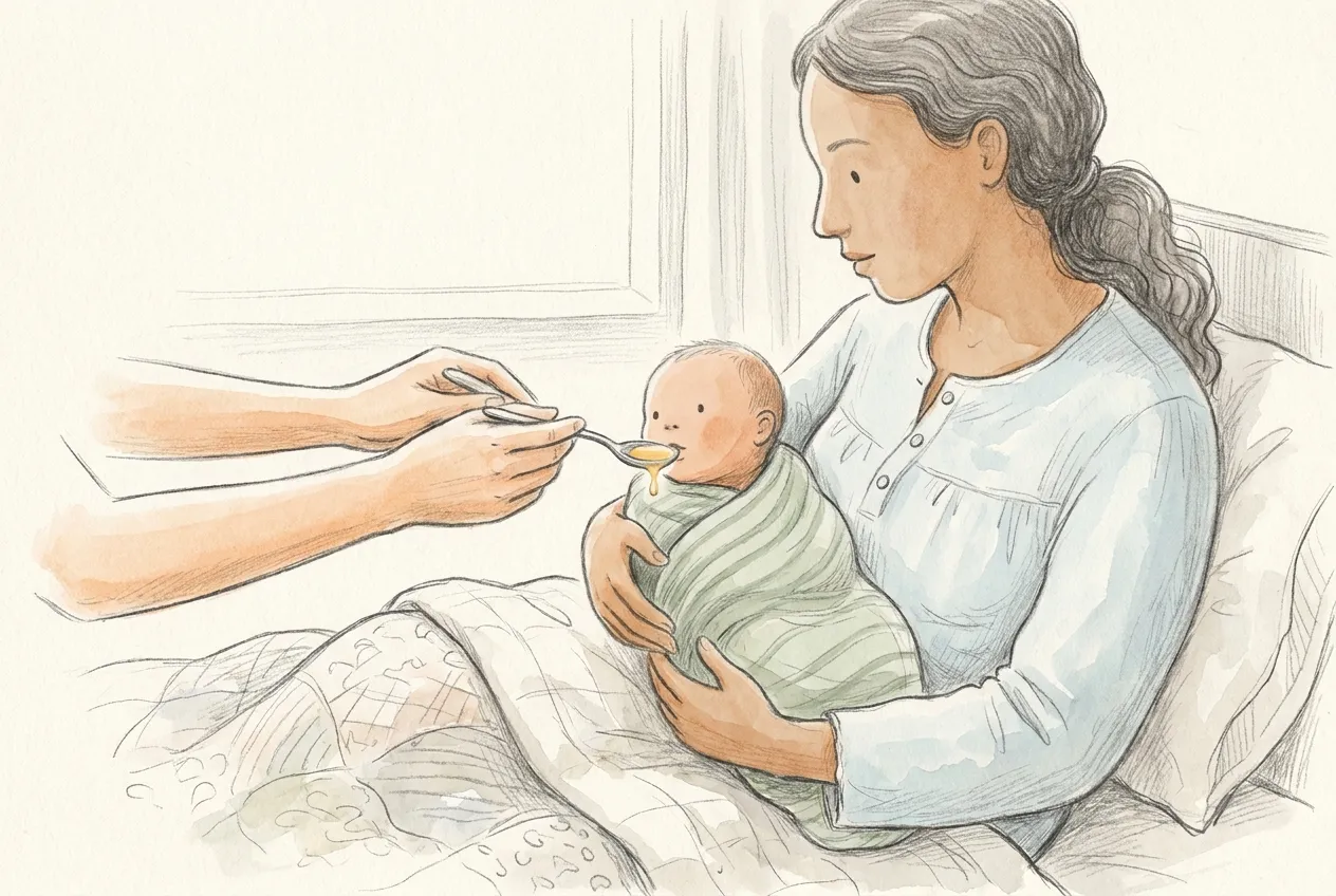 Illustrazione a matita e acquerello: a letto, una mamma con la camicia da notte azzurra tiene in braccio il neonato fasciato, mentre due mani gli avvicinano alle labbra un cucchiaino con poche gocce di colostro giallo e denso.