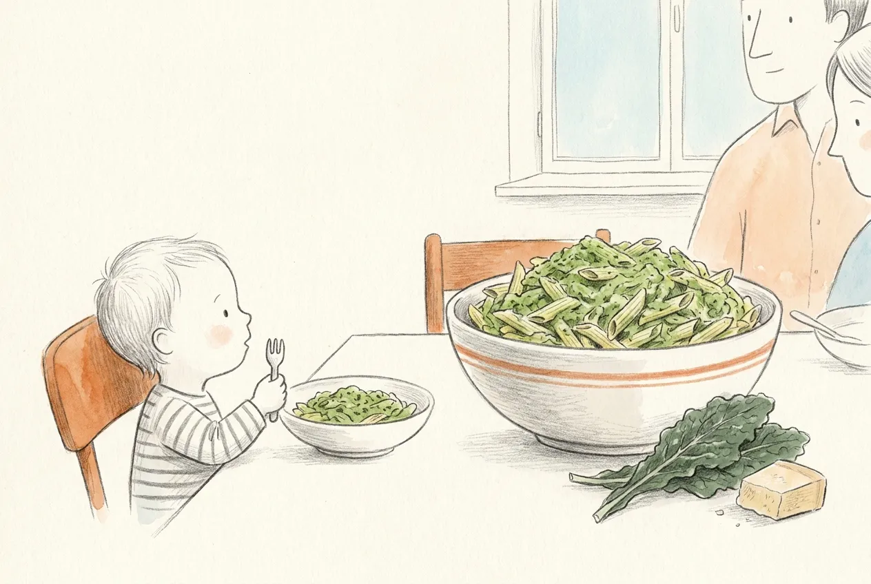 Illustrazione a matita e acquerello: un bambino piccolo seduto a tavola con la forchetta in mano guarda la sua ciotola di penne al pesto di cavolo nero, accanto a una grande insalatiera della stessa pasta verde, alcune foglie di cavolo nero e un pezzo di parmigiano, mentre i genitori sorridono sullo sfondo.