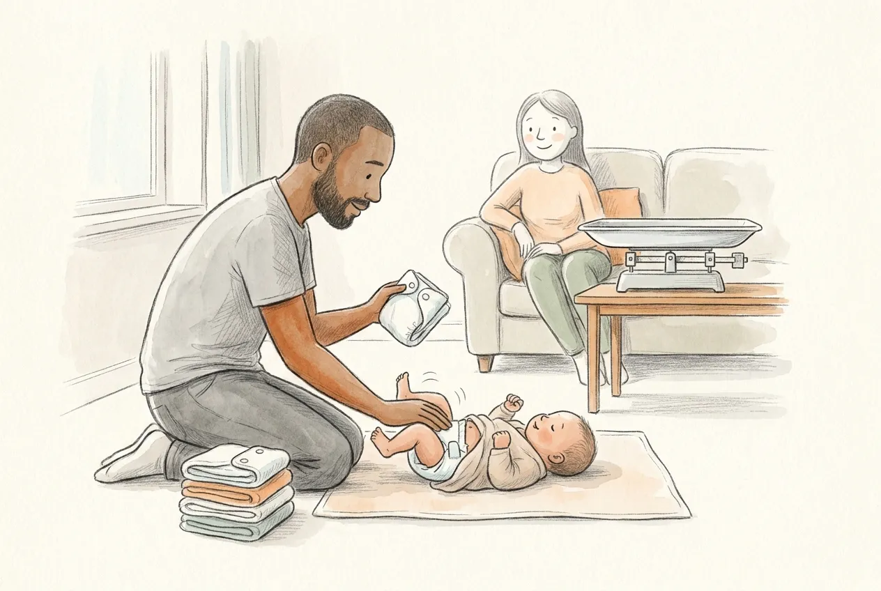 Illustrazione a matita e acquerello: un papà con la barba, inginocchiato sul tappeto, cambia il pannolino al neonato sdraiato su un fasciatoio a terra, accanto a una pila di pannolini puliti; dietro, la mamma sorride dal divano e su un tavolino c'è una bilancia pesa-neonati.