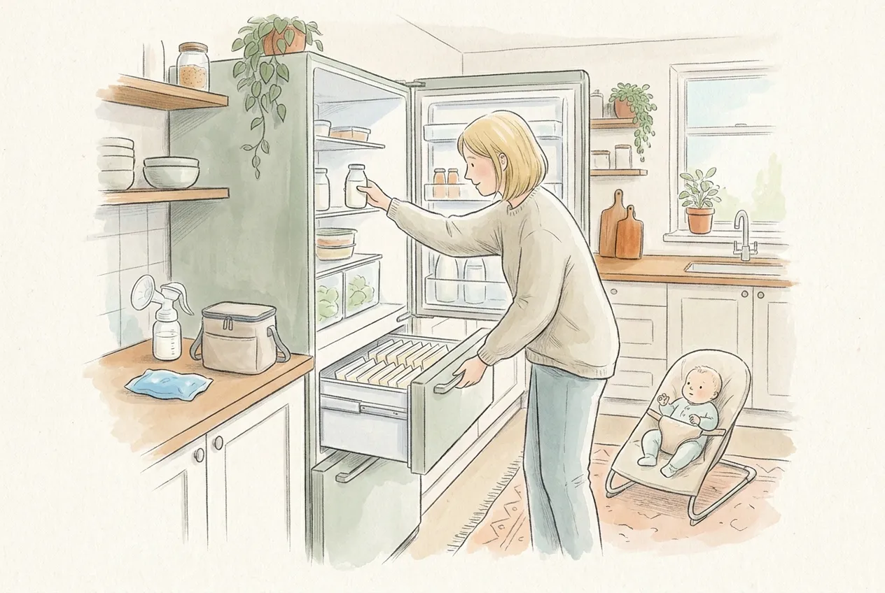 Illustrazione a matita e acquerello: in cucina, una mamma bionda ripone un biberon di latte tirato su un ripiano del frigorifero, con il cassetto del congelatore aperto pieno di sacchetti di latte congelati in piano; sul piano di lavoro un tiralatte, una borsa termica e un siberino, e il bambino guarda dalla sdraietta.