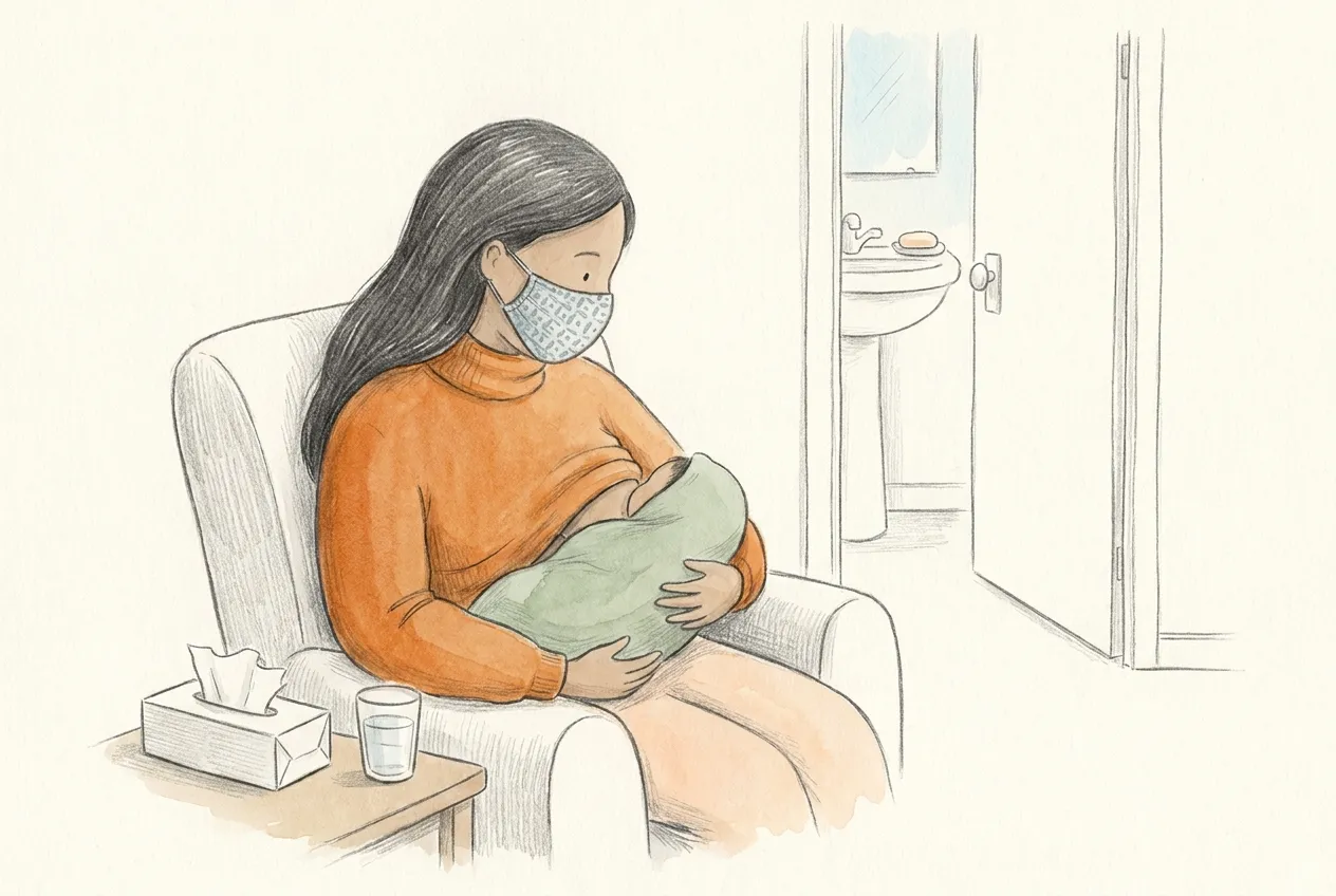 Illustrazione a matita e acquerello: una mamma con la mascherina di stoffa e un maglione arancione a collo alto allatta in poltrona il bambino avvolto in una copertina verde; accanto, una scatola di fazzoletti e un bicchiere d'acqua, e sullo sfondo il lavandino del bagno con la saponetta.