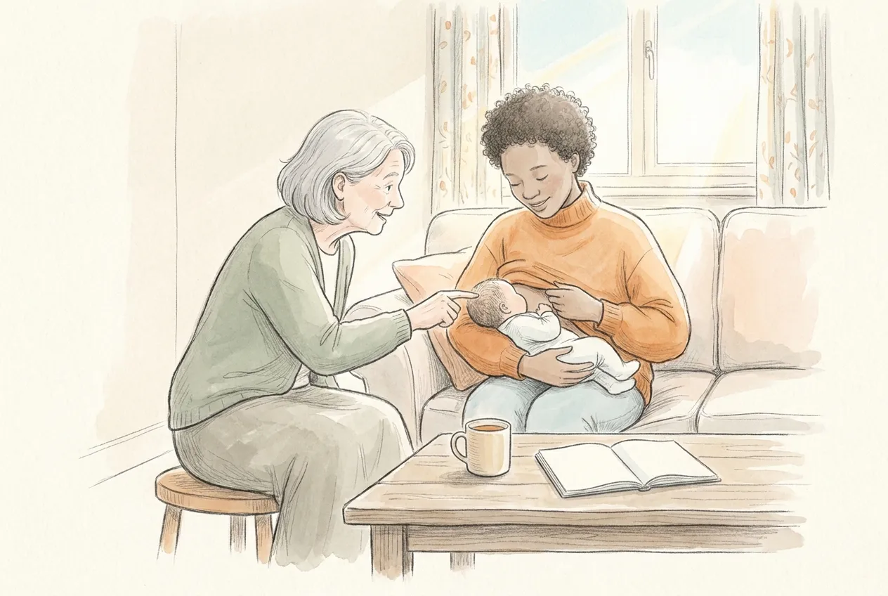 Illustrazione a matita e acquerello: durante una visita a casa, una consulente dai capelli grigi seduta su uno sgabello indica con un gesto la testa del neonato mentre la giovane mamma, con i capelli ricci e un maglione arancione, lo allatta sul divano; sul tavolino una tazza e un quaderno aperto.