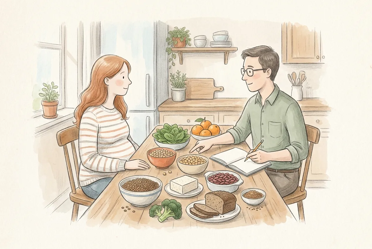 Illustrazione a matita e acquerello: in cucina, una donna incinta con i capelli ramati ascolta un dietista con gli occhiali che indica, su un quaderno, una tavola piena di lenticchie, ceci, fagioli, tofu, pane integrale, spinaci, broccoli, arance e semi macinati.