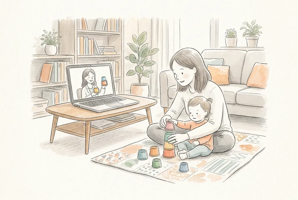 Illustrazione a matita e acquerello: in soggiorno una mamma seduta sul tappeto aiuta la sua bambina a impilare bicchierini colorati, mentre sullo schermo di un portatile una terapista in videochiamata mostra lo stesso gioco.