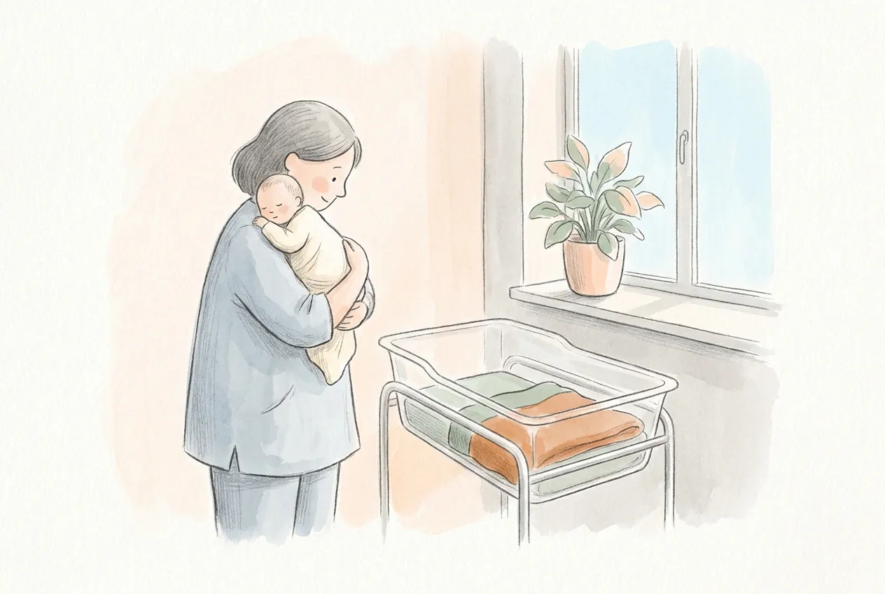Illustrazione a matita e acquerello: in una nursery d'ospedale luminosa un'ostetrica in divisa azzurra tiene un neonato fasciato appoggiato alla spalla, accanto a una culla trasparente con una copertina piegata e a una pianta sul davanzale.
