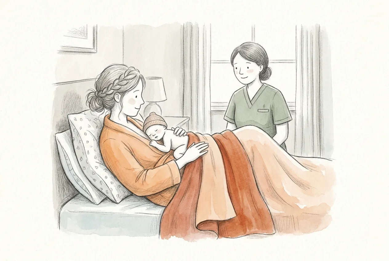 Illustrazione a matita e acquerello: una mamma semisdraiata sul letto tiene il neonato con la cuffietta pelle a pelle sul petto, sotto una coperta arancione, la mano sulla sua schiena, mentre un'ostetrica in divisa verde la guarda in piedi accanto al letto.