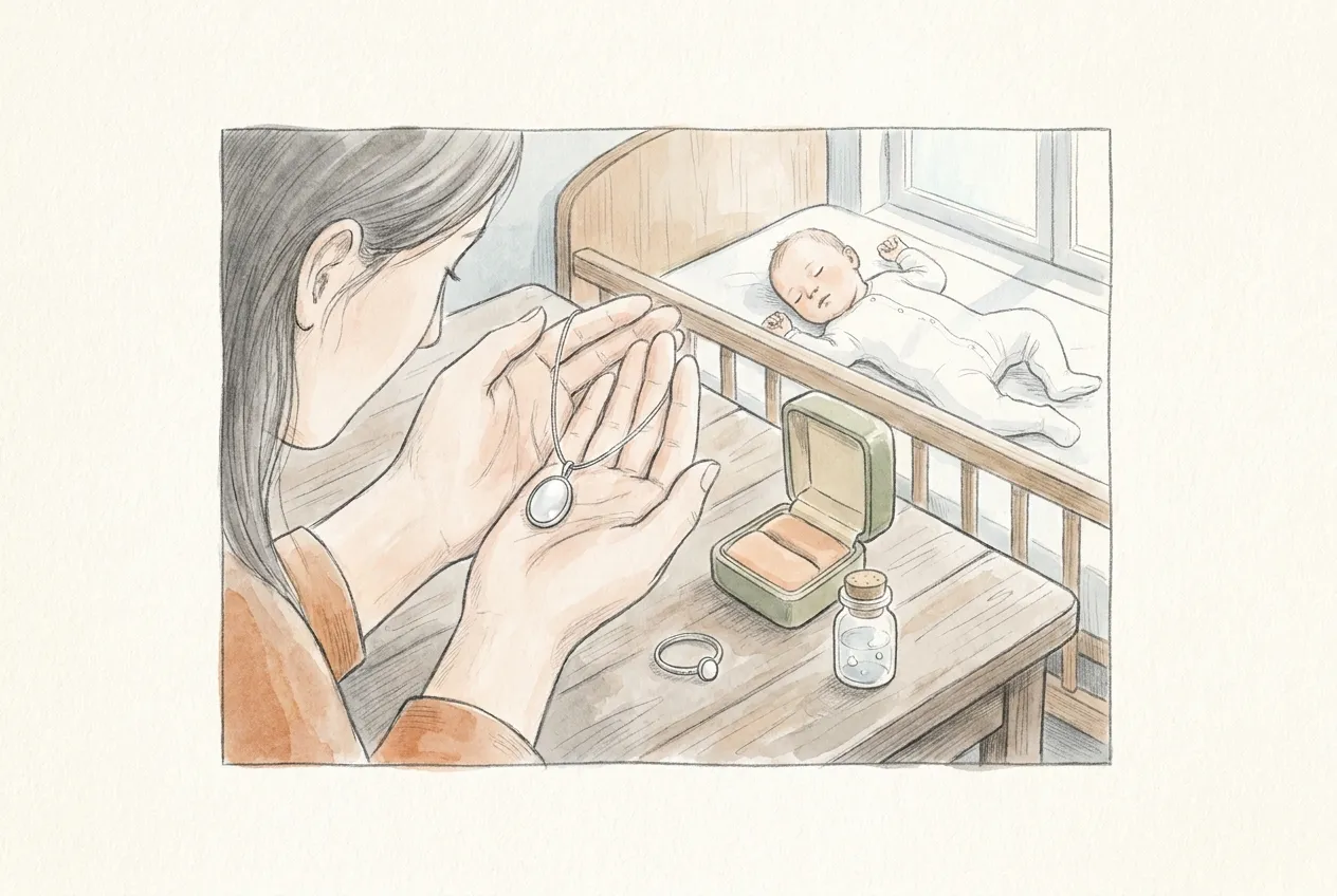 Illustrazione a matita e acquerello: le mani di una mamma reggono un ciondolo d'argento con una pietra bianca perlacea; sul tavolo un anellino, un astuccio aperto e una boccetta di vetro con tappo di sughero, mentre il bambino dorme supino nella culla.