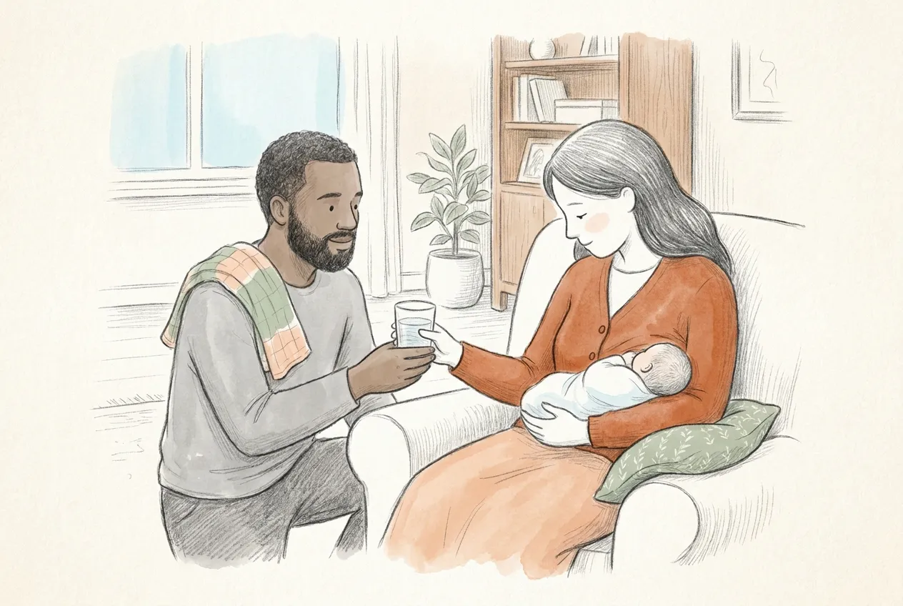 Illustrazione a matita e acquerello: un papà con la barba, inginocchiato accanto alla poltrona, porge un bicchiere d'acqua alla mamma che allatta il neonato avvolto in una copertina, con un cuscino sotto il braccio e un telo per il ruttino sulla spalla di lui.