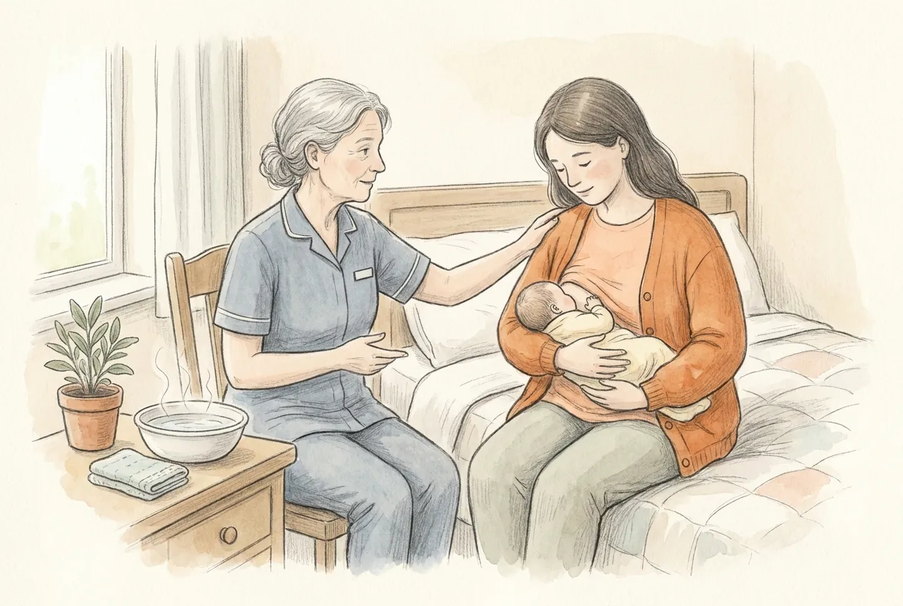 Illustrazione a matita e acquerello: un'ostetrica dai capelli grigi, seduta accanto al letto, posa una mano sulla spalla di una giovane mamma che allatta il neonato; sul comodino una ciotola di acqua tiepida fumante e un panno ripiegato.