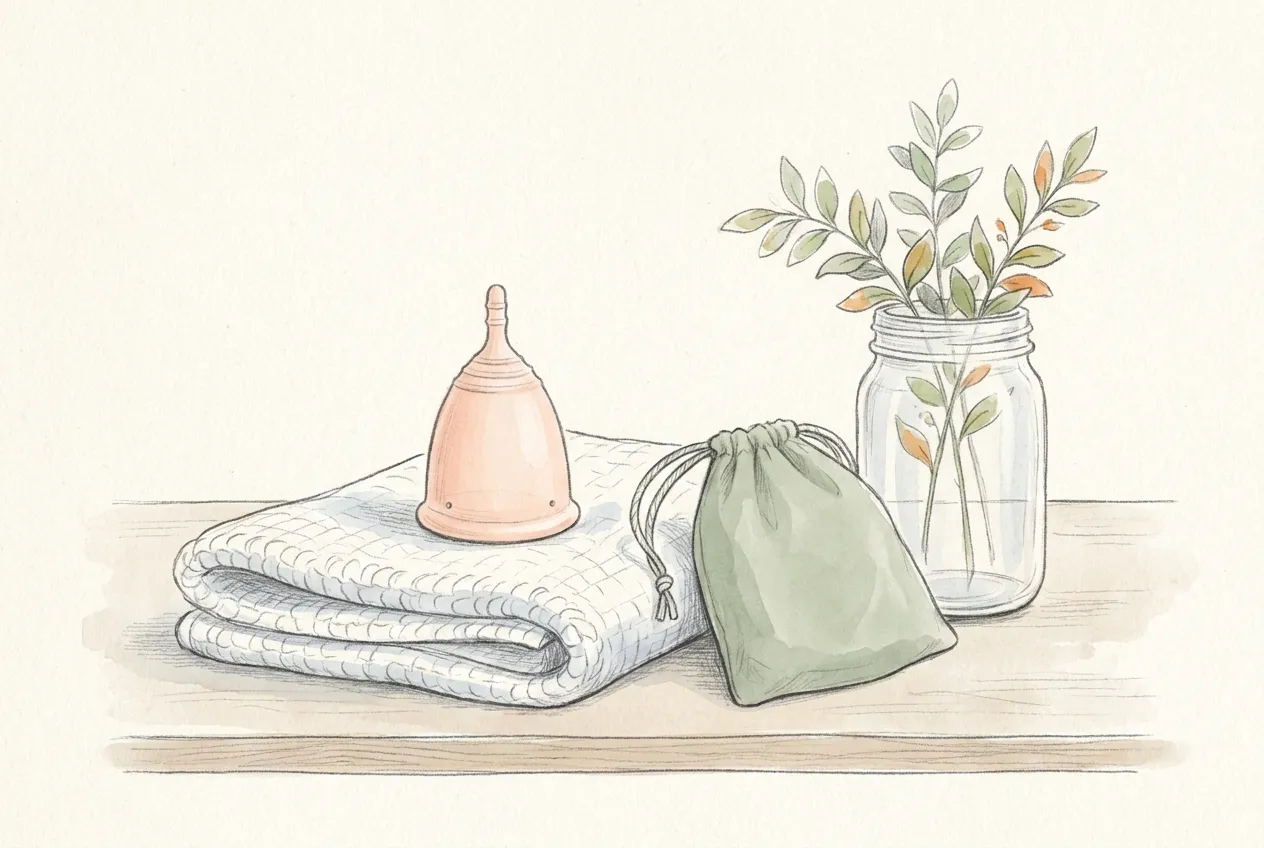 Illustrazione a matita e acquerello: una coppetta mestruale rosa pallido, pulita e vuota, appoggiata su un asciugamano bianco piegato, accanto a un sacchettino di cotone verde salvia con il laccio e a un vasetto di vetro con qualche rametto.