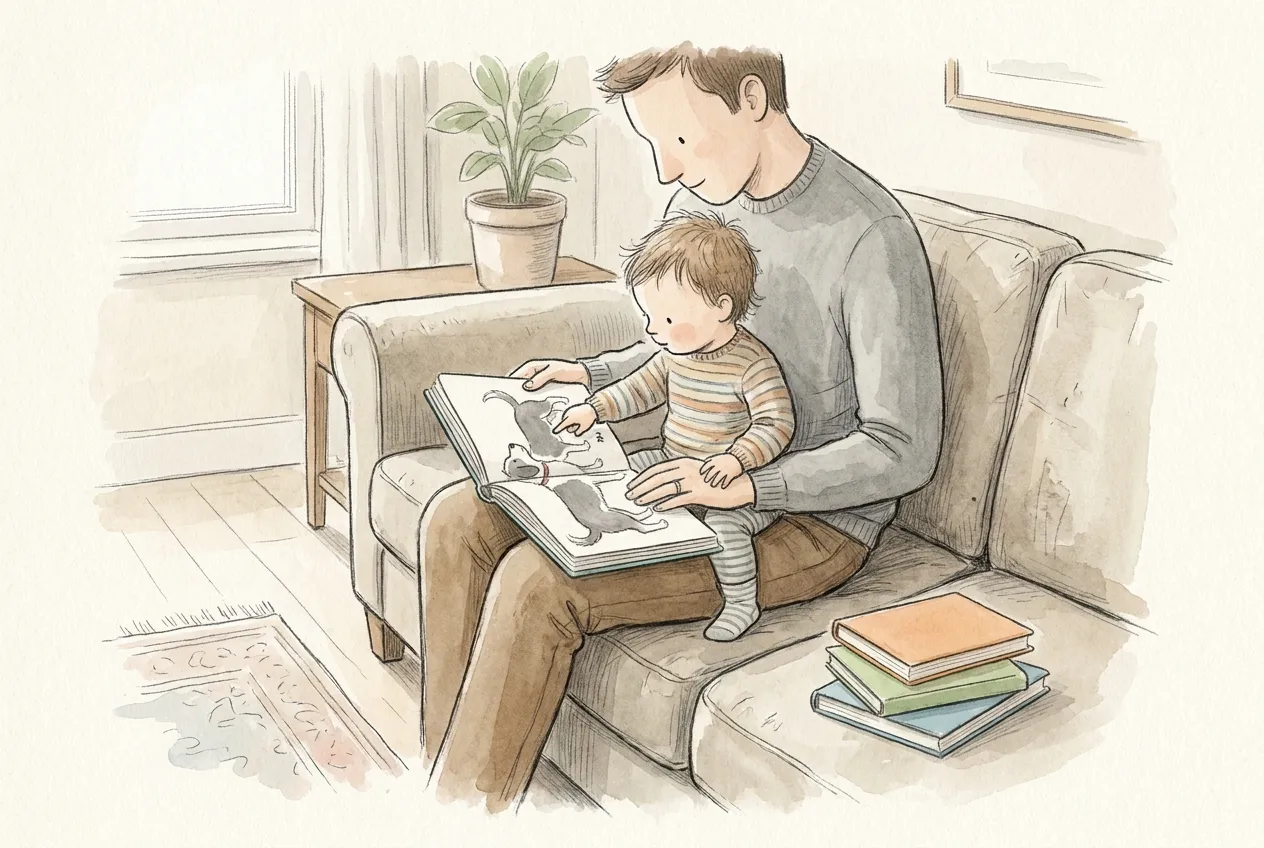 Illustrazione a matita e acquerello: un papà sul divano tiene in braccio un bimbo piccolo che indica con il dito i cani disegnati in un grande libro illustrato aperto; accanto, una pila di libri colorati.