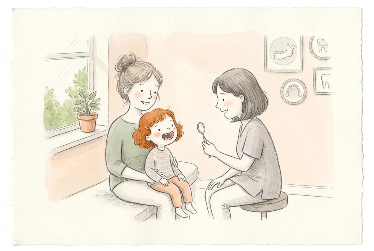 Illustrazione a matita e acquerello: una bambina dai capelli rossi, seduta in braccio alla mamma, apre la bocca in un gran sorriso davanti a una dentista che tiene in mano solo un piccolo specchietto, con disegni di denti appesi alla parete.