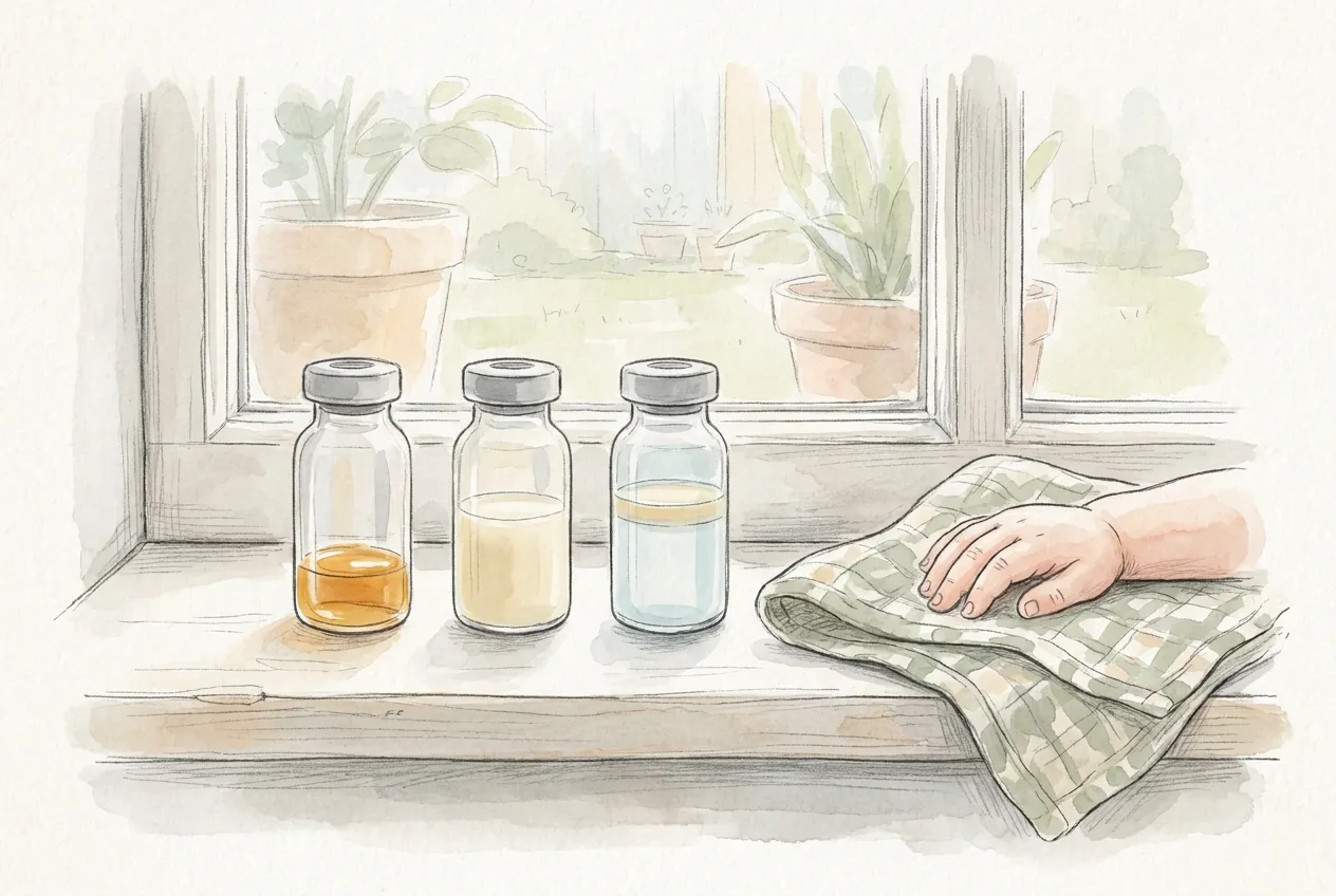 Illustrazione a matita e acquerello: tre boccette di vetro sul davanzale mostrano un latte che cambia, dal colostro giallo dorato al latte di transizione color crema fino al latte maturo azzurrino, accanto a una mano poggiata su un telo a quadretti.