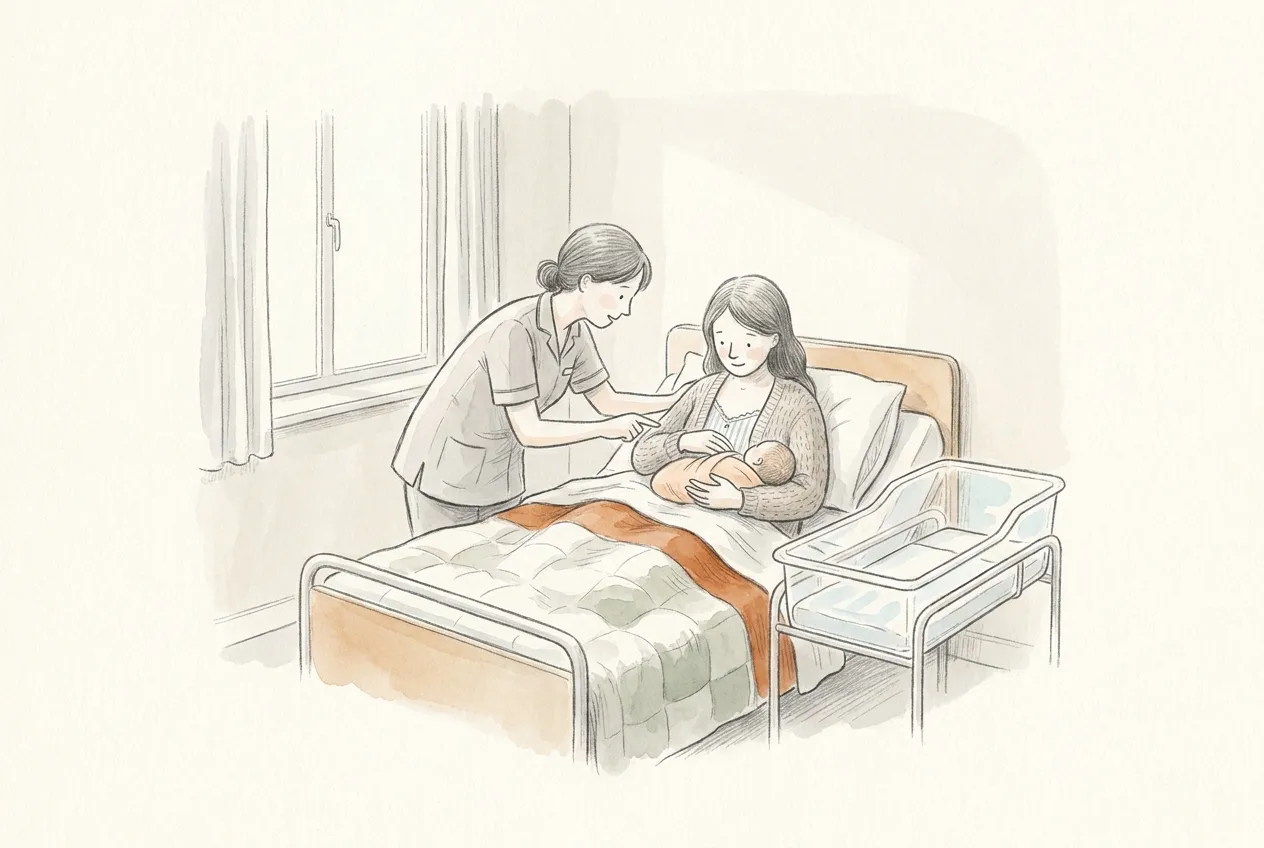 Illustrazione a matita e acquerello: in una stanza di reparto maternità una mamma a letto tiene in braccio il neonato mentre un'ostetrica si china per aiutarla, con la culla trasparente accanto al letto per tenere il bambino vicino.