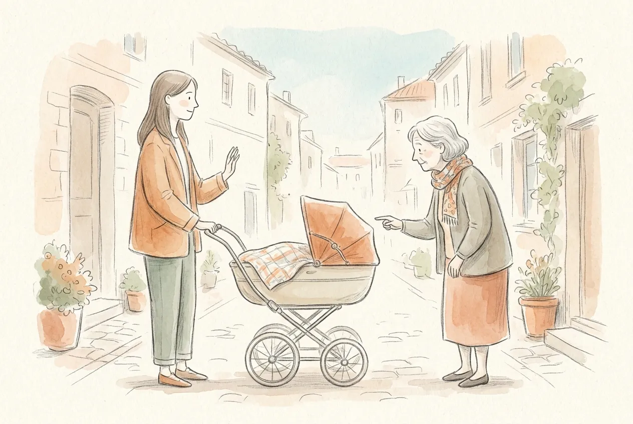 Illustrazione a matita e acquerello: in una via del paese una signora anziana indica la carrozzina e dà consigli non richiesti, mentre la giovane mamma, sorridente e tranquilla, alza una mano per chiudere la conversazione con gentilezza.