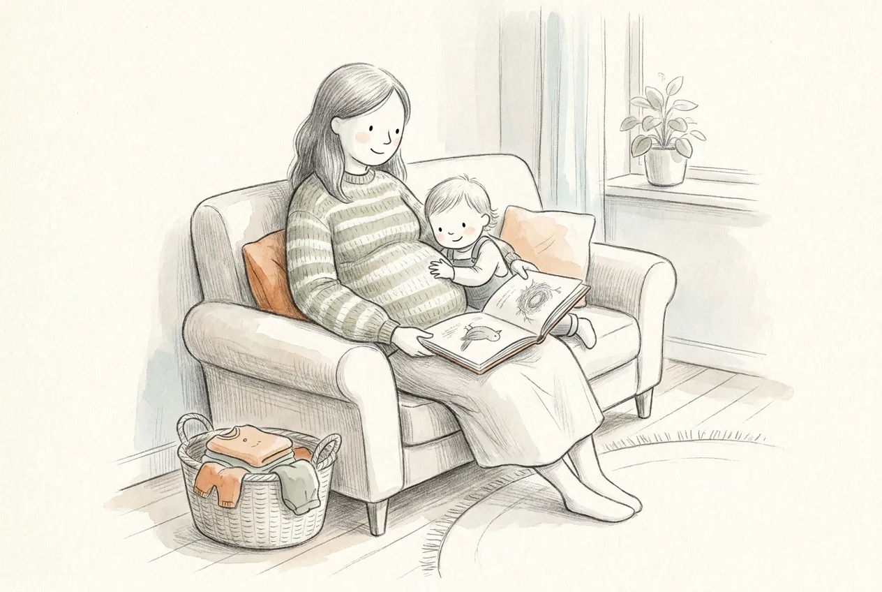 Illustrazione a matita e acquerello: una mamma incinta con un maglione a righe verdi legge un libro illustrato sul divano con il suo primo figlio, che sorride e le appoggia la mano sul pancione; a terra, un cesto di vestitini piegati per il neonato.