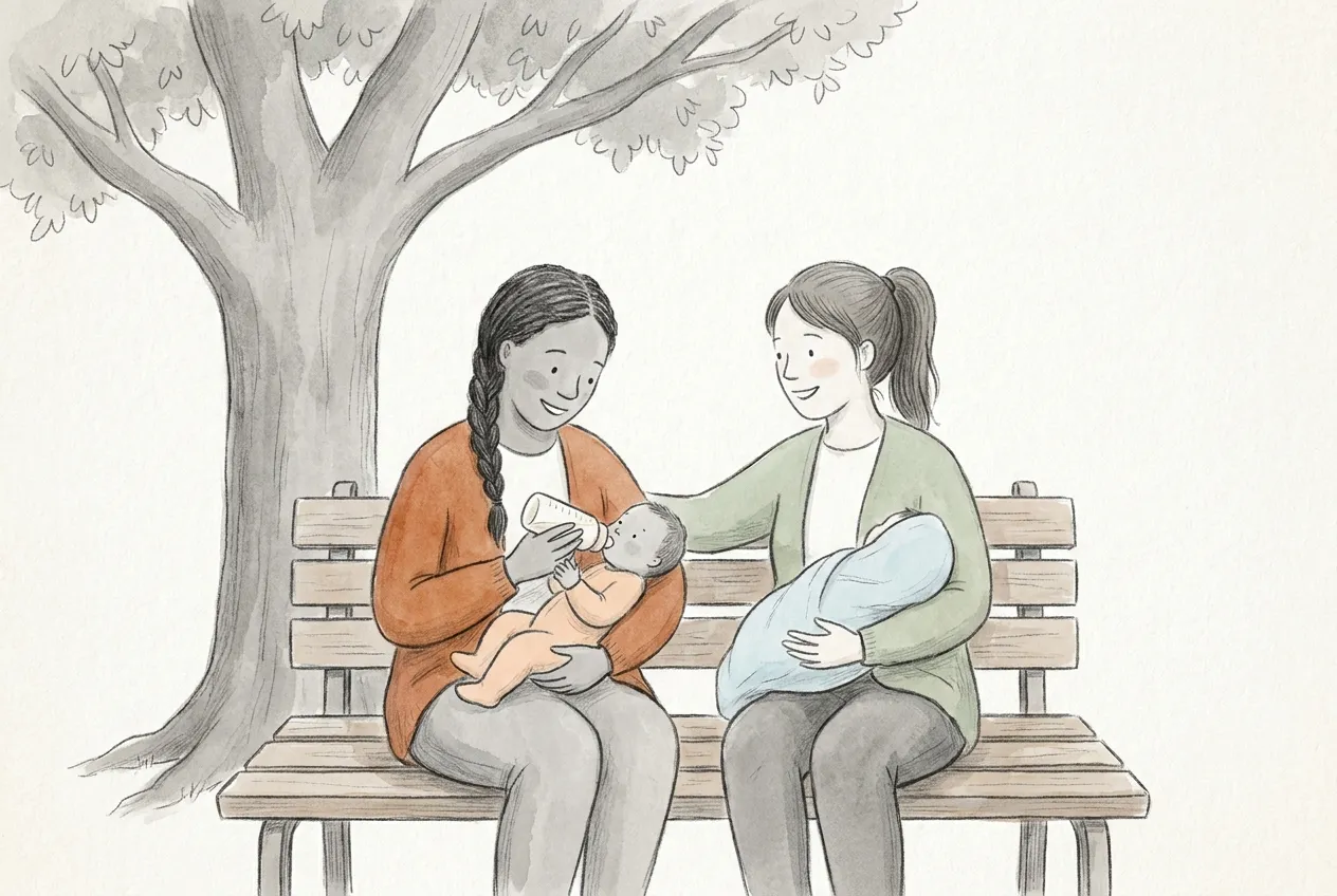 Illustrazione a matita e acquerello: due mamme sedute vicine su una panchina sotto un albero si sorridono; una dà il biberon al suo bambino tenendolo in braccio, l'altra allatta il suo neonato coperto da una copertina azzurra e le posa una mano sulla spalla.