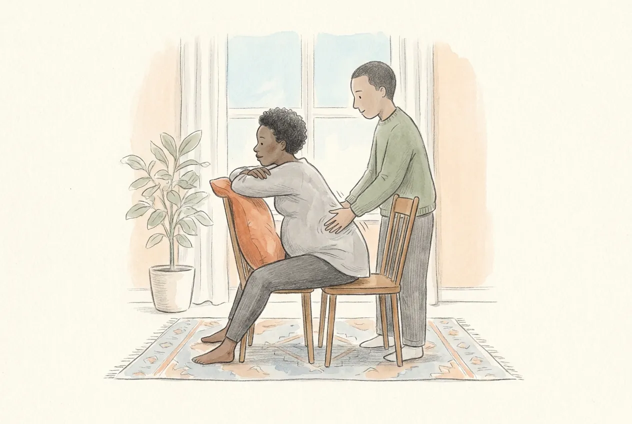 Illustrazione a matita e acquerello: una donna incinta seduta su una sedia si appoggia con le braccia a un cuscino posato sullo schienale di un'altra sedia, mentre il compagno in piedi dietro di lei le massaggia piano la parte bassa della schiena sopra la maglia.