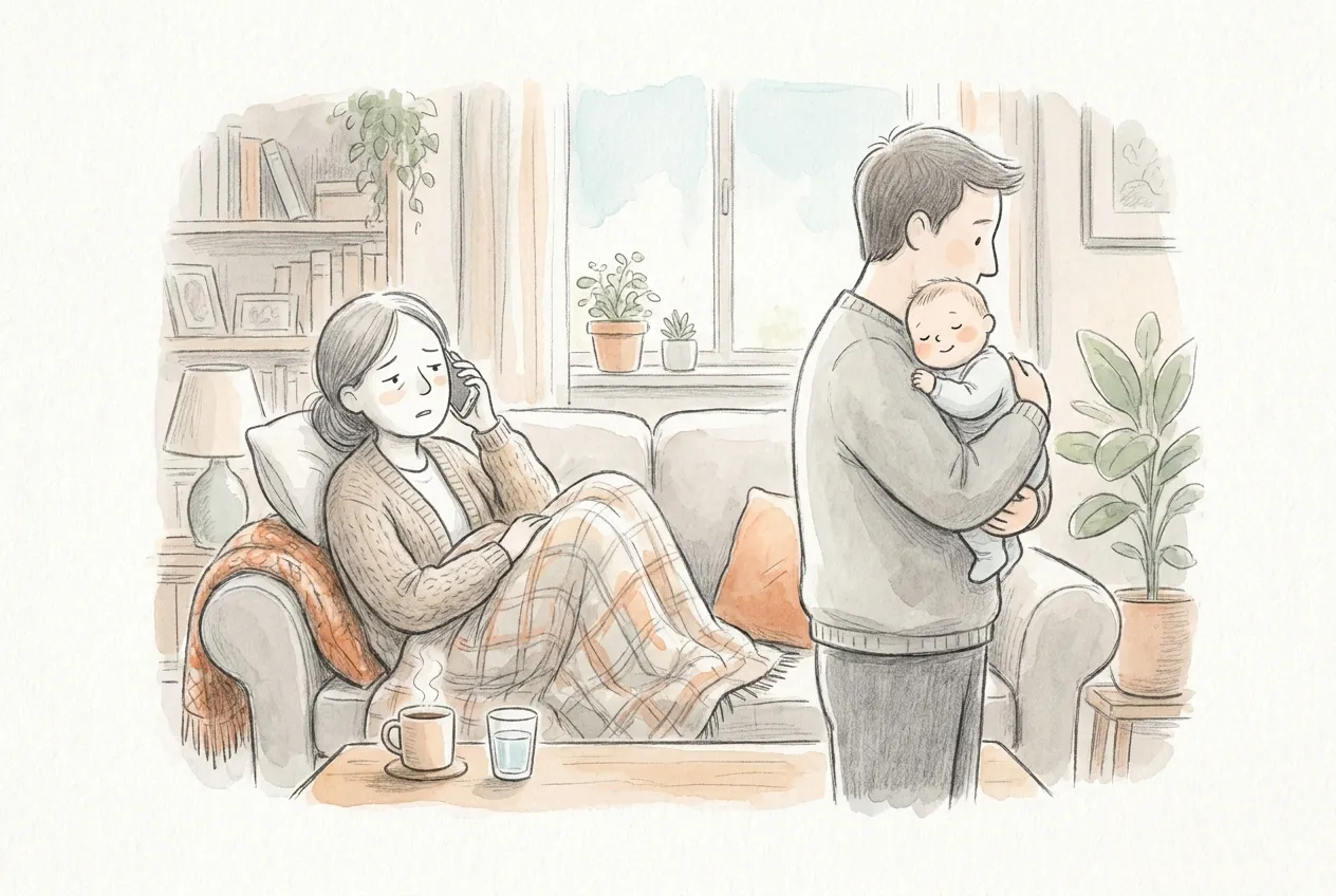 Illustrazione a matita e acquerello: una mamma stanca, avvolta in un plaid sul divano, telefona al medico con una tazza fumante e un bicchiere d'acqua sul tavolino, mentre il papà in piedi tiene in braccio il bambino addormentato.