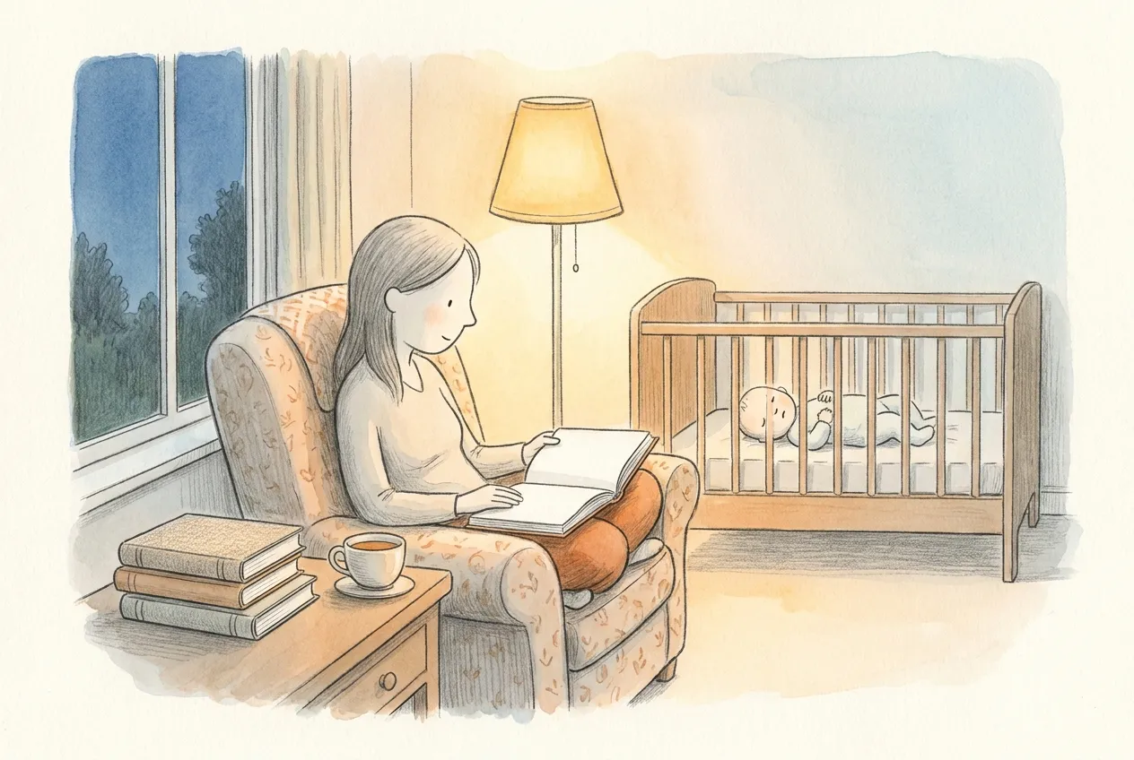Illustrazione a matita e acquerello: una mamma legge un libro in poltrona alla luce di una lampada, con una pila di libri dalle copertine senza titolo e una tazza di tè sul tavolino, mentre il bambino dorme supino nel lettino.