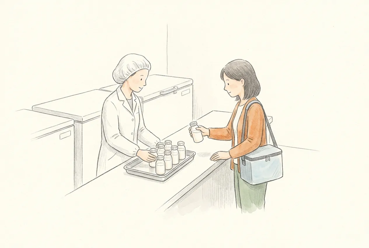 Illustrazione a matita e acquerello: in una banca del latte un'operatrice con camice e cuffia sistema boccette di latte donato su un vassoio d'acciaio, mentre una mamma donatrice con una borsa termica a tracolla le porge un'altra boccetta al bancone.