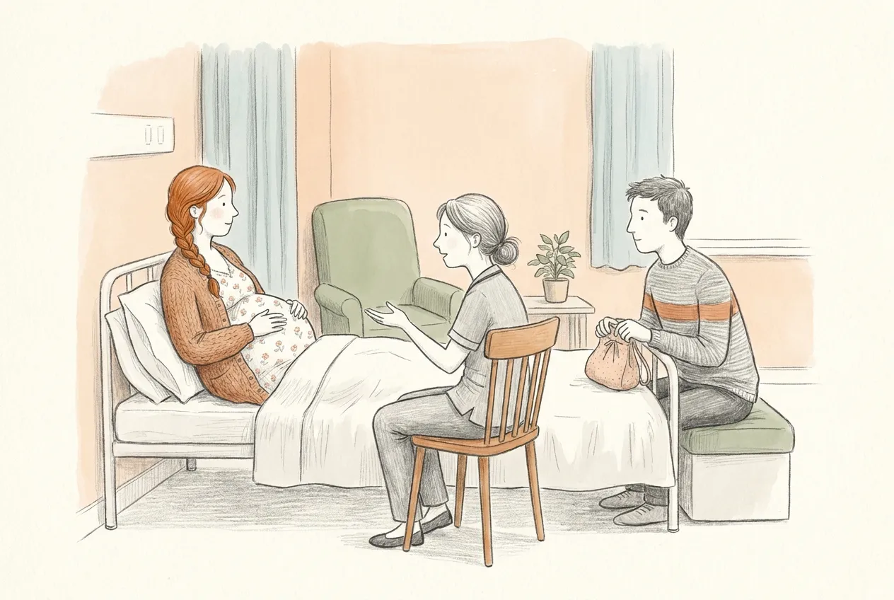 Illustrazione a matita e acquerello: in una stanza d'ospedale una donna incinta a termine, seduta sul letto, ascolta un'ostetrica che le spiega le opzioni dalla sedia accanto, mentre il compagno aspetta seduto con una borsa sulle ginocchia.