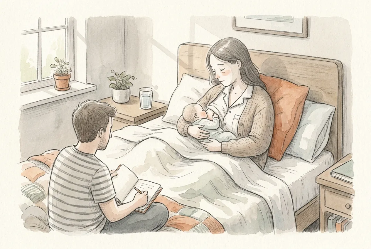 Illustrazione a matita e acquerello: nei primi giorni dopo il parto una mamma seduta a letto tra i cuscini allatta il neonato, mentre il papà, seduto in fondo al letto, annota le poppate su un quaderno; sul comodino un bicchiere d'acqua.