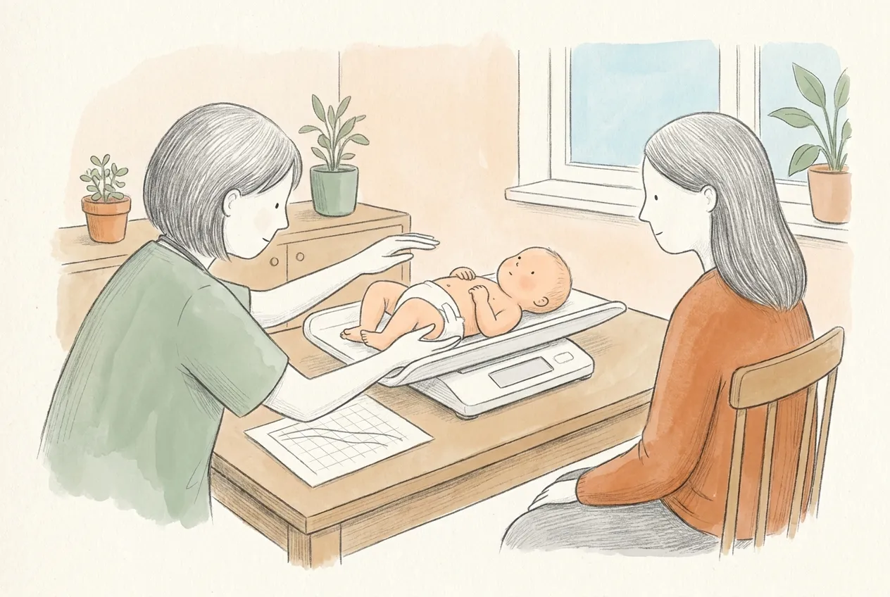 Illustrazione a matita e acquerello: una pediatra in casacca verde salvia sorveglia un neonato in pannolino disteso sulla bilancia pesabambini, mentre la mamma, seduta accanto, guarda tranquilla; sul tavolo un foglio con le curve di crescita.