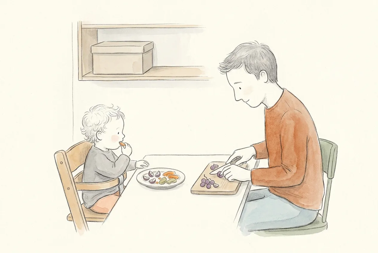Illustrazione a matita e acquerello: un bimbo seduto nel seggiolone mangia pezzetti di frutta e verdura dal piatto, mentre il papà, seduto accanto, taglia gli acini d'uva su un tagliere lontano dalla sua portata; su una mensola alta, una scatola chiusa.