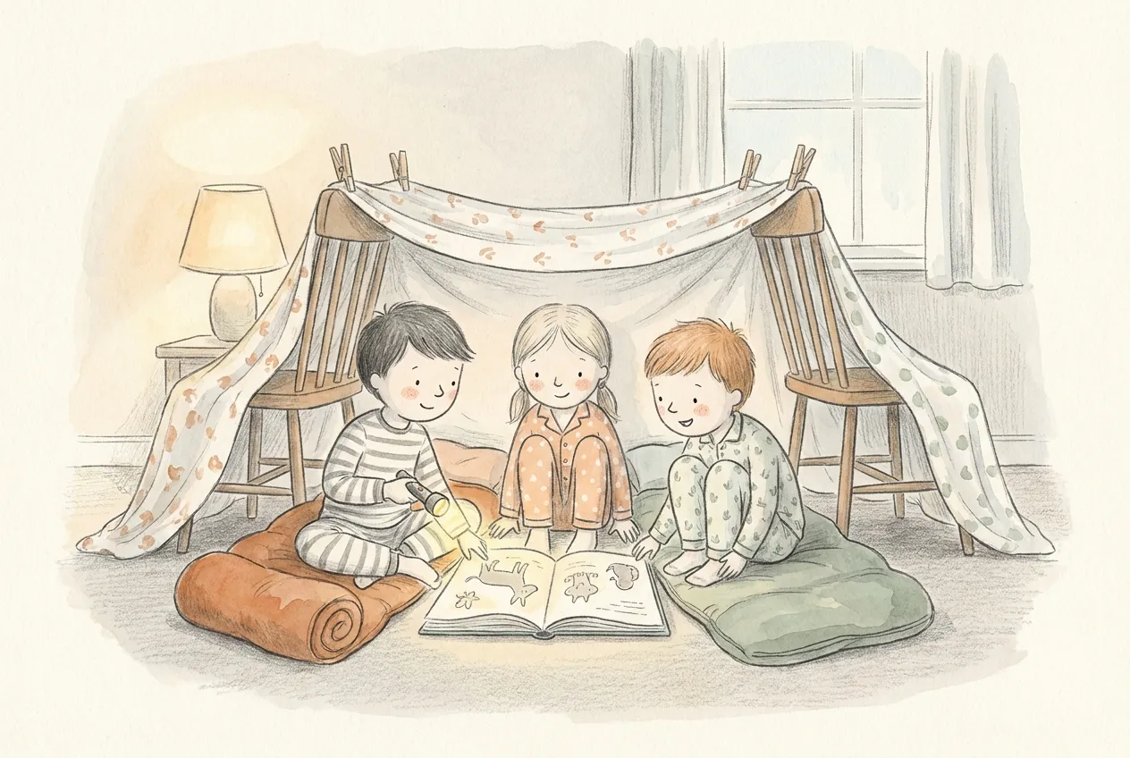 Illustrazione a matita e acquerello: tre bambini in pigiama seduti sui sacchi a pelo sotto una tenda di lenzuola fissata con mollette a due sedie guardano un libro illustrato alla luce di una torcia.