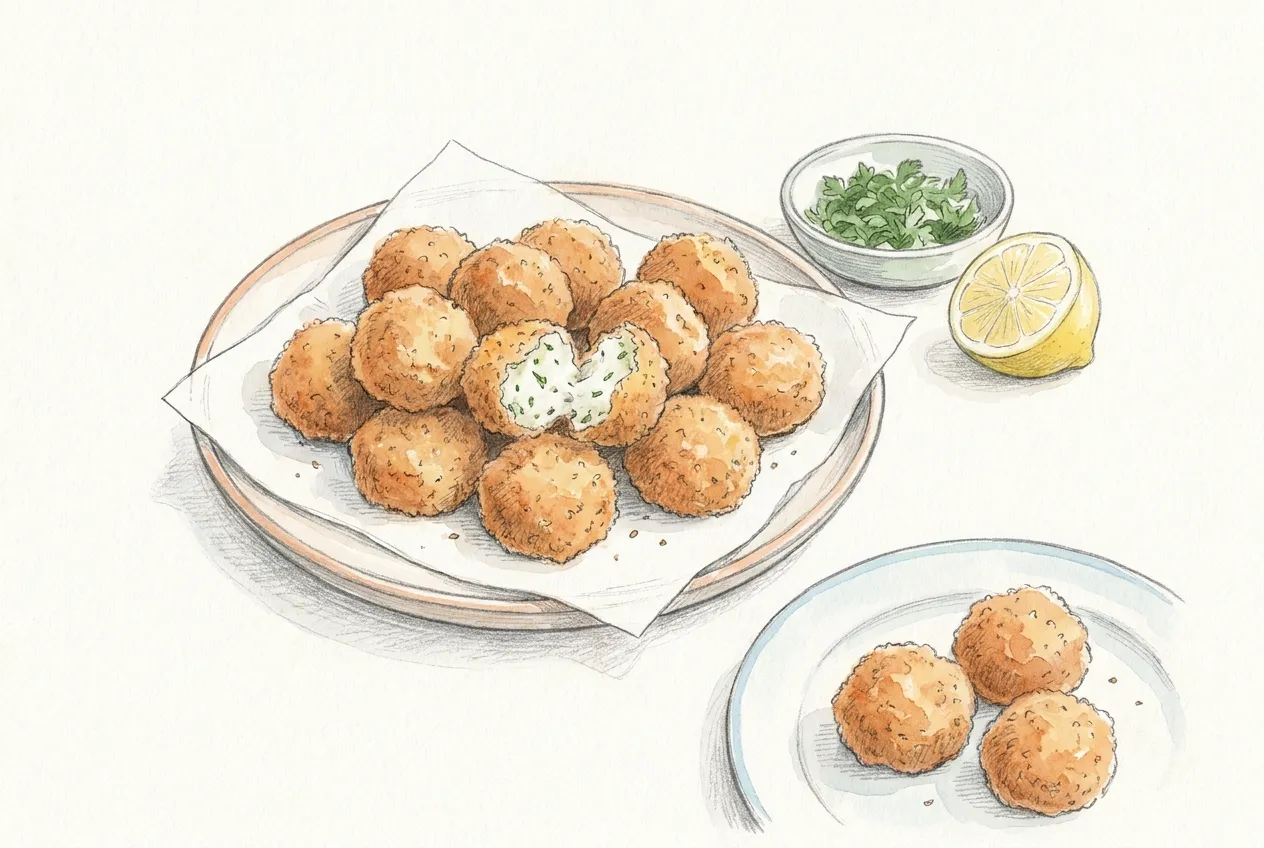 Illustrazione a matita e acquerello: polpettine di pesce dorate e impanate su un piatto foderato di carta assorbente, una aperta a metà che mostra l'interno bianco con il prezzemolo, accanto a una ciotolina di prezzemolo tritato, mezzo limone e un piattino con tre polpettine.