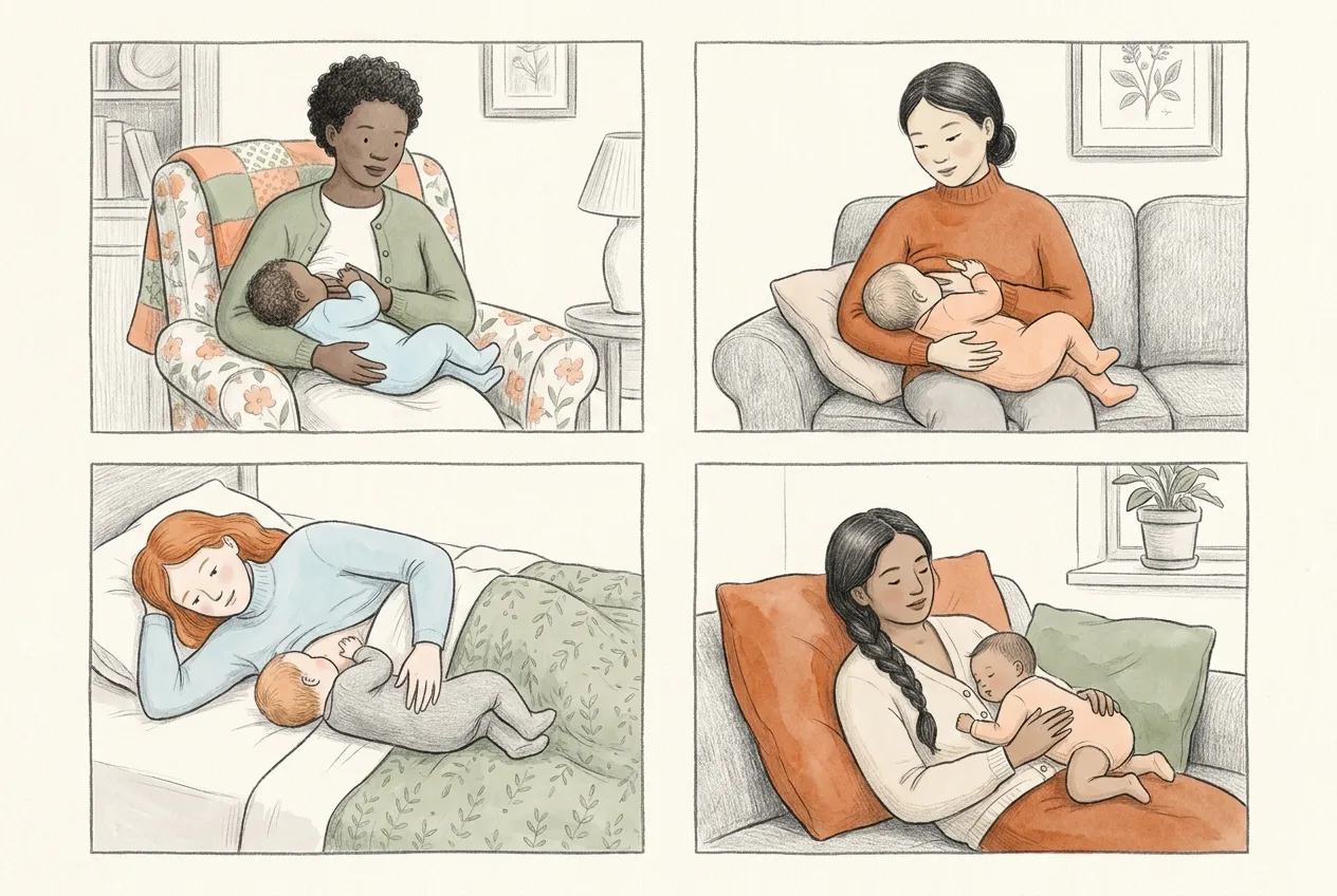 Illustrazione a matita e acquerello: quattro scene affiancate di mamme che allattano in posizioni diverse, seduta in poltrona con il bimbo in braccio, seduta sul divano con un cuscino, sdraiata su un fianco con il piccolo di fronte e semi-sdraiata con il neonato a pancia in giù sul petto.